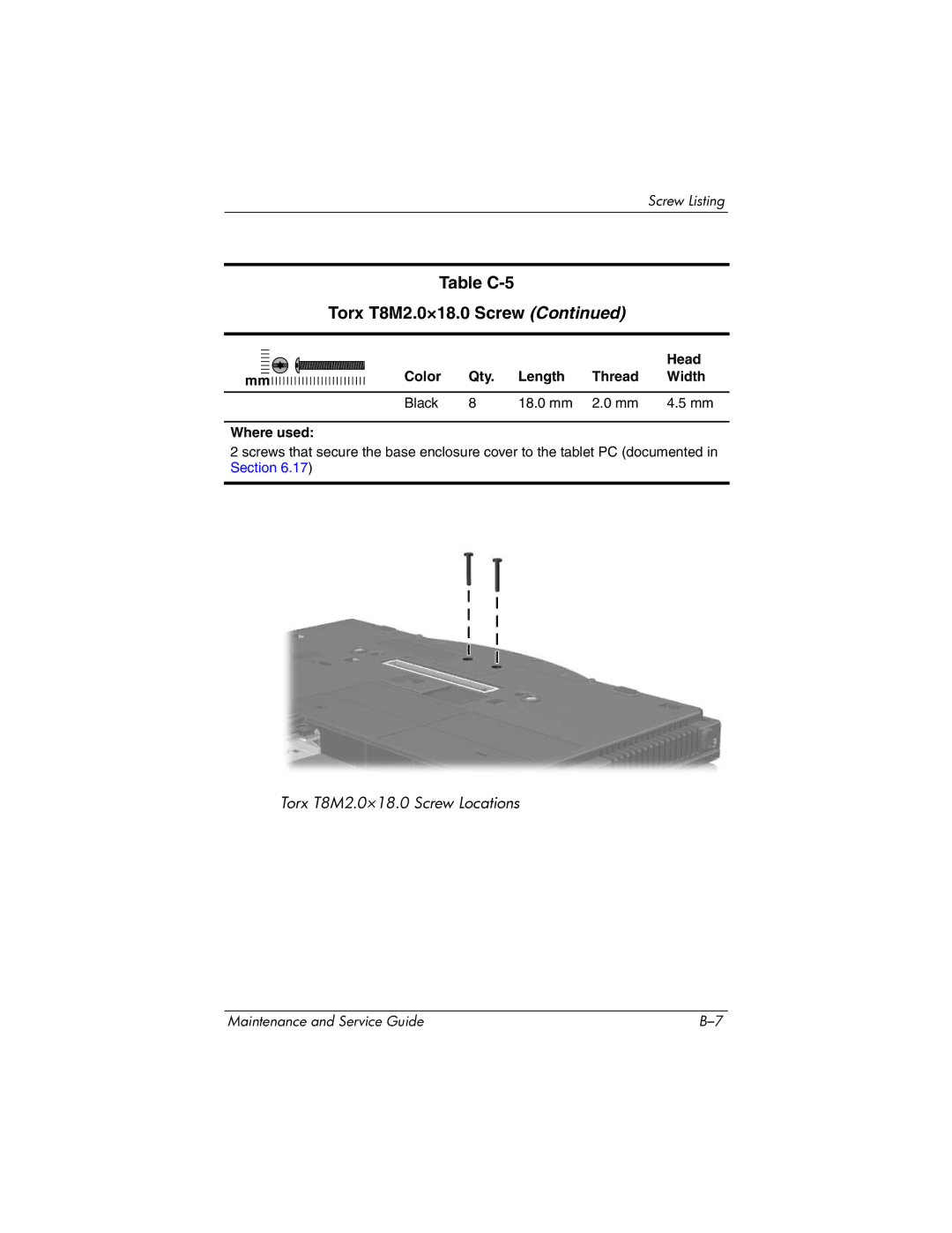 HP tc4200 manual Head Color Qty. Length Thread Width 