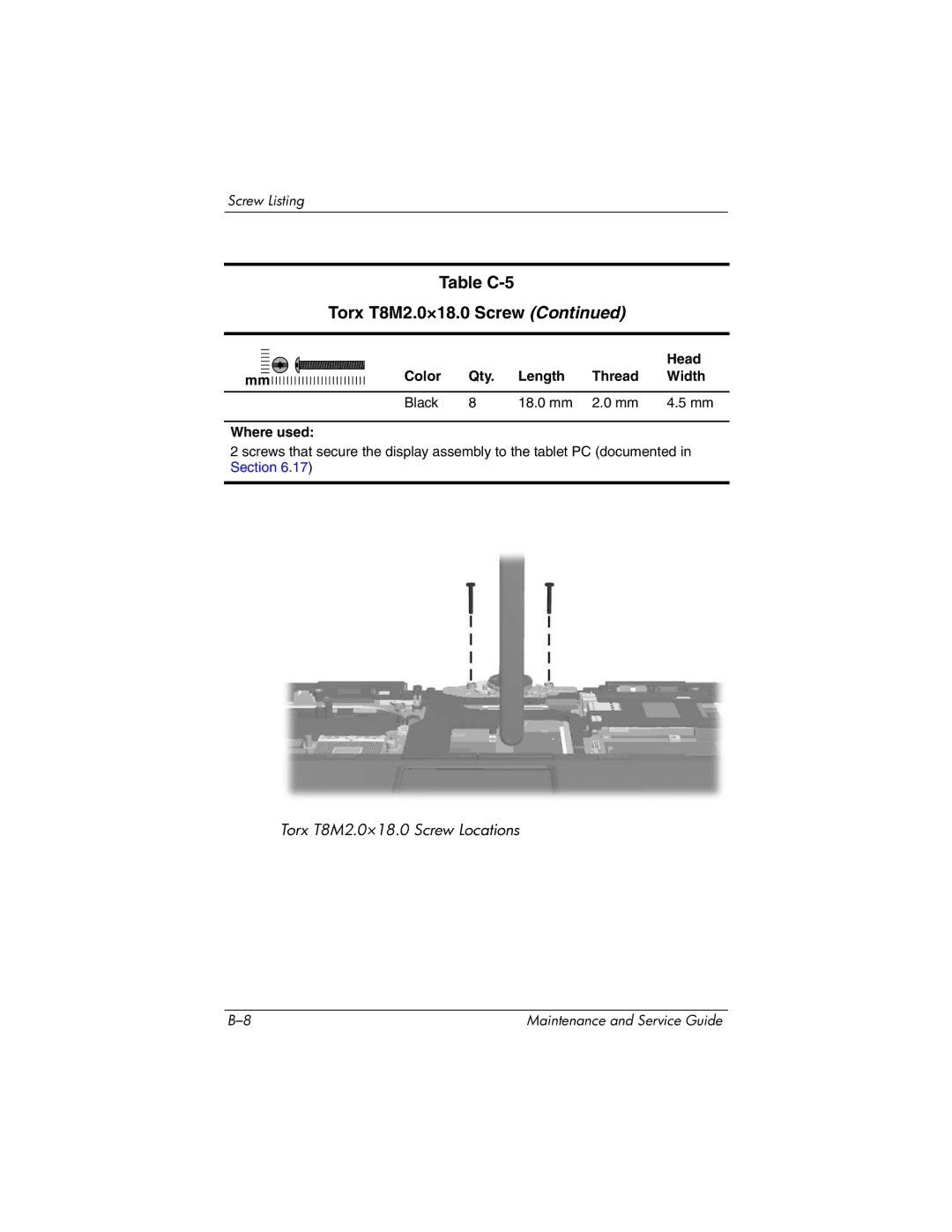 HP tc4200 manual Table C-5 Torx T8M2.0×18.0 Screw 