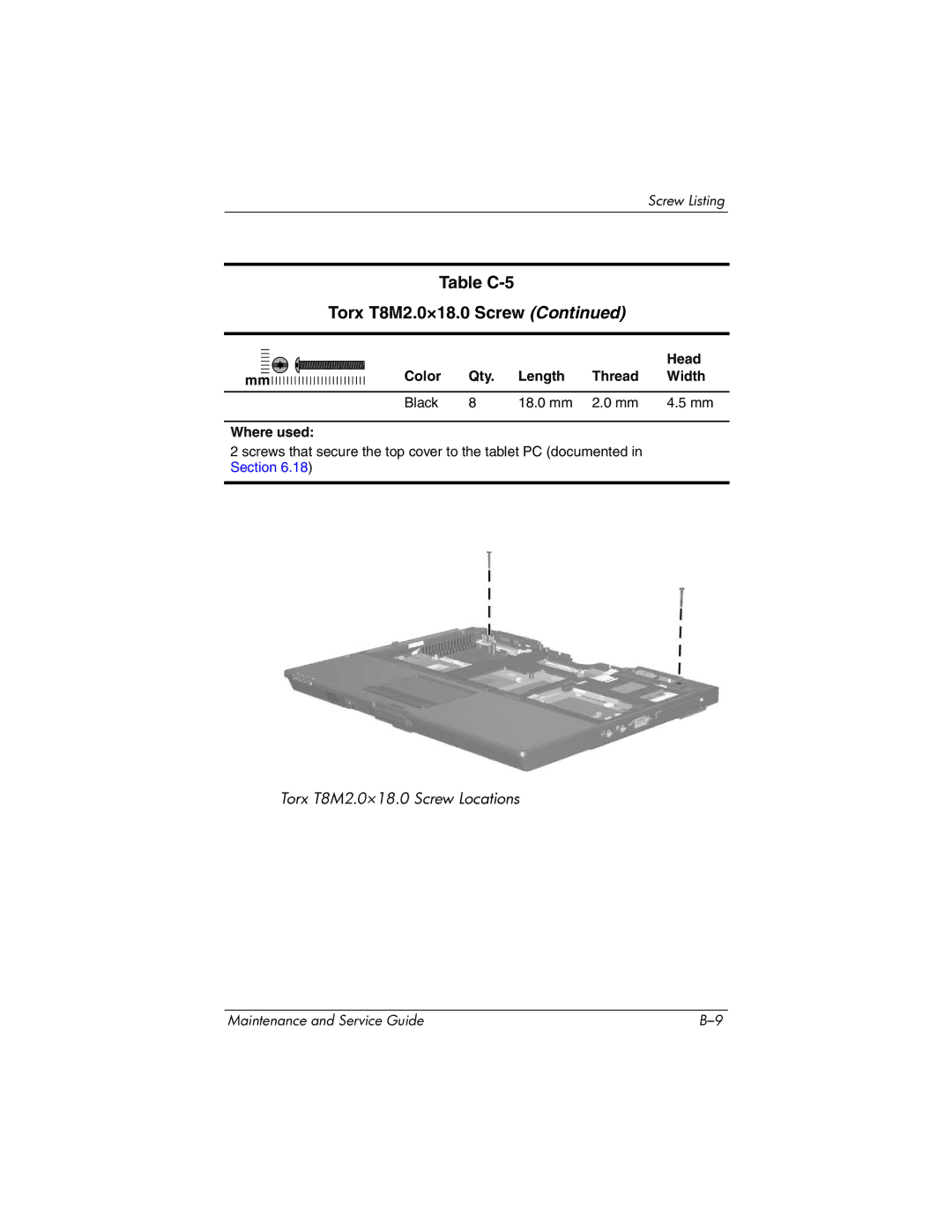 HP tc4200 manual Table C-5 Torx T8M2.0×18.0 Screw 