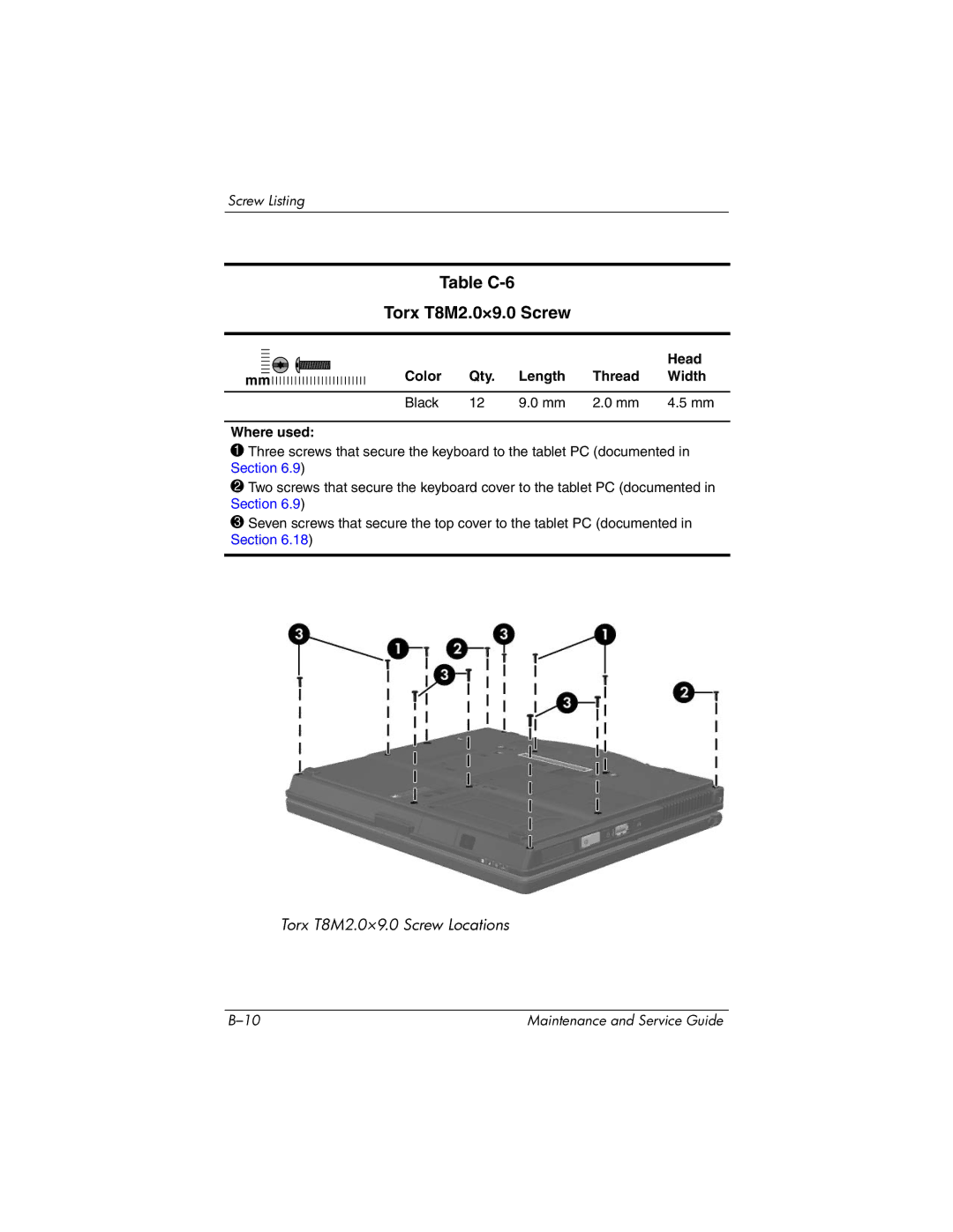 HP tc4200 manual Table C-6 Torx T8M2.0×9.0 Screw, Head 
