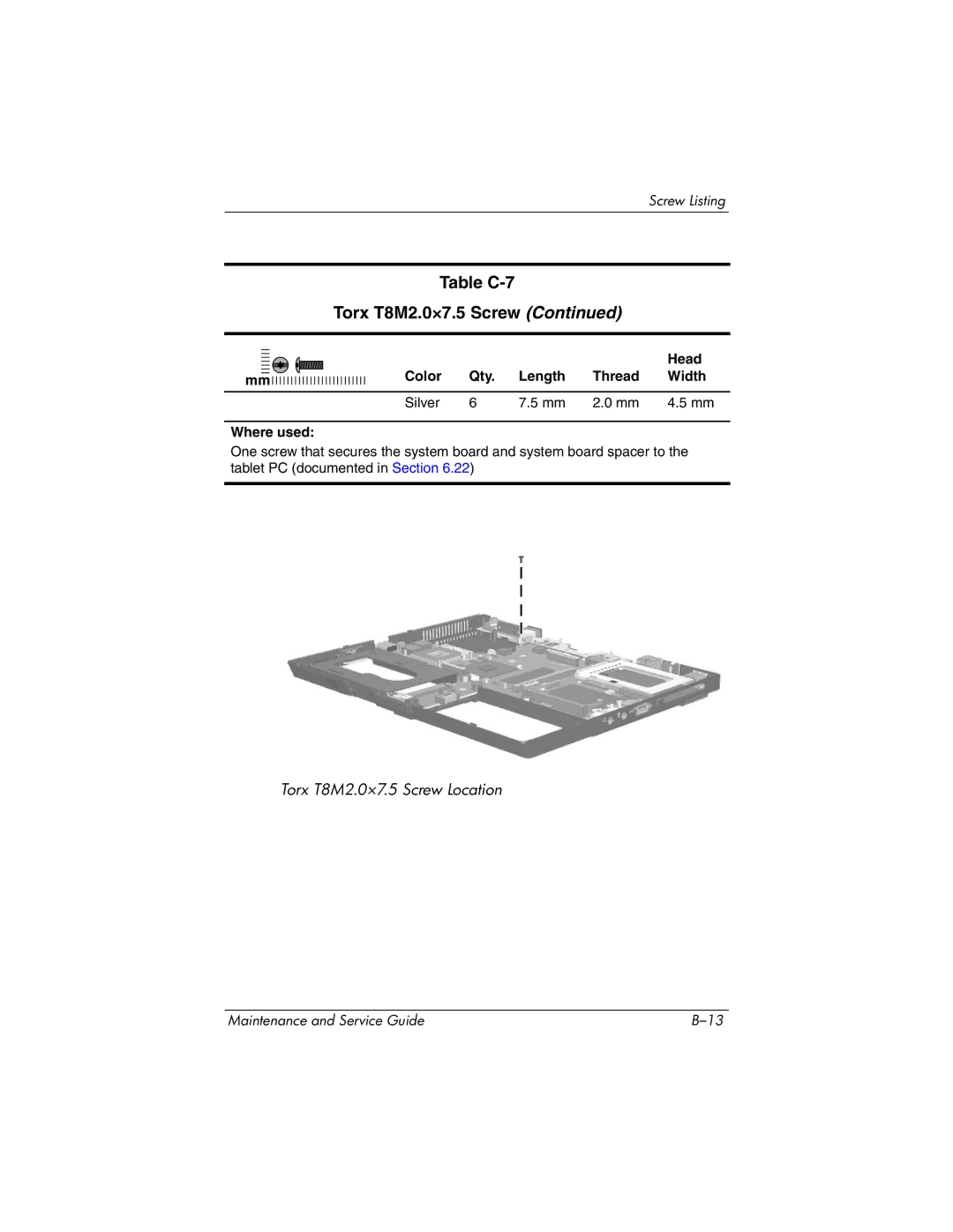 HP tc4200 manual Torx T8M2.0×7.5 Screw Location 