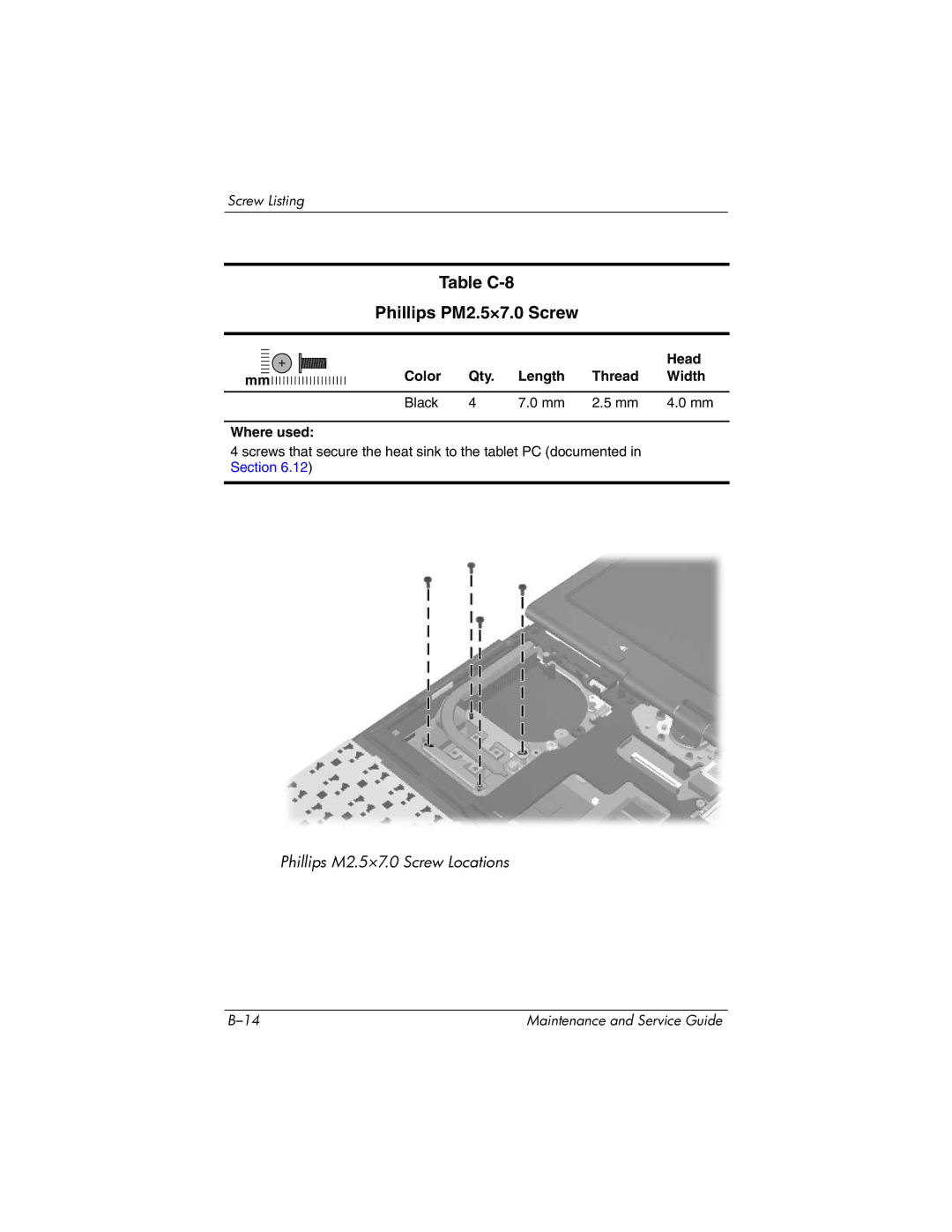 HP tc4200 manual Table C-8 Phillips PM2.5×7.0 Screw, Head 