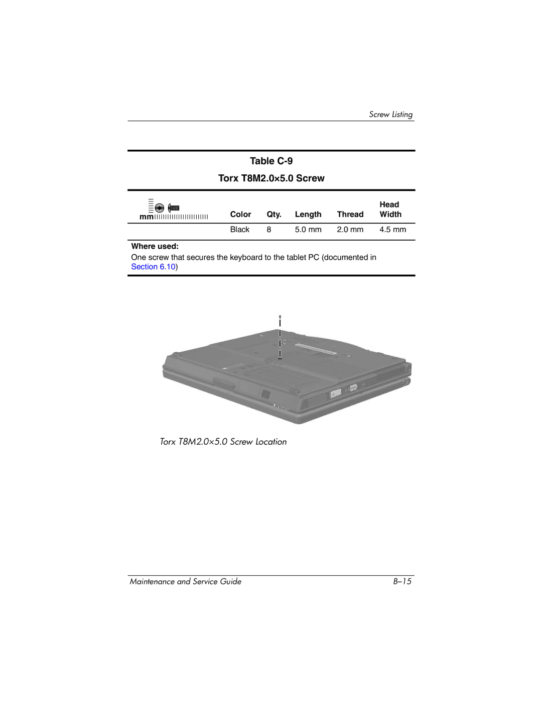 HP tc4200 manual Table C-9 Torx T8M2.0×5.0 Screw 