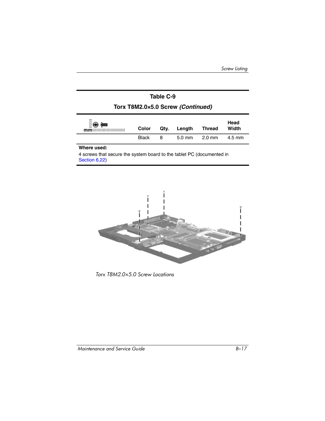 HP tc4200 manual Table C-9 Torx T8M2.0×5.0 Screw 