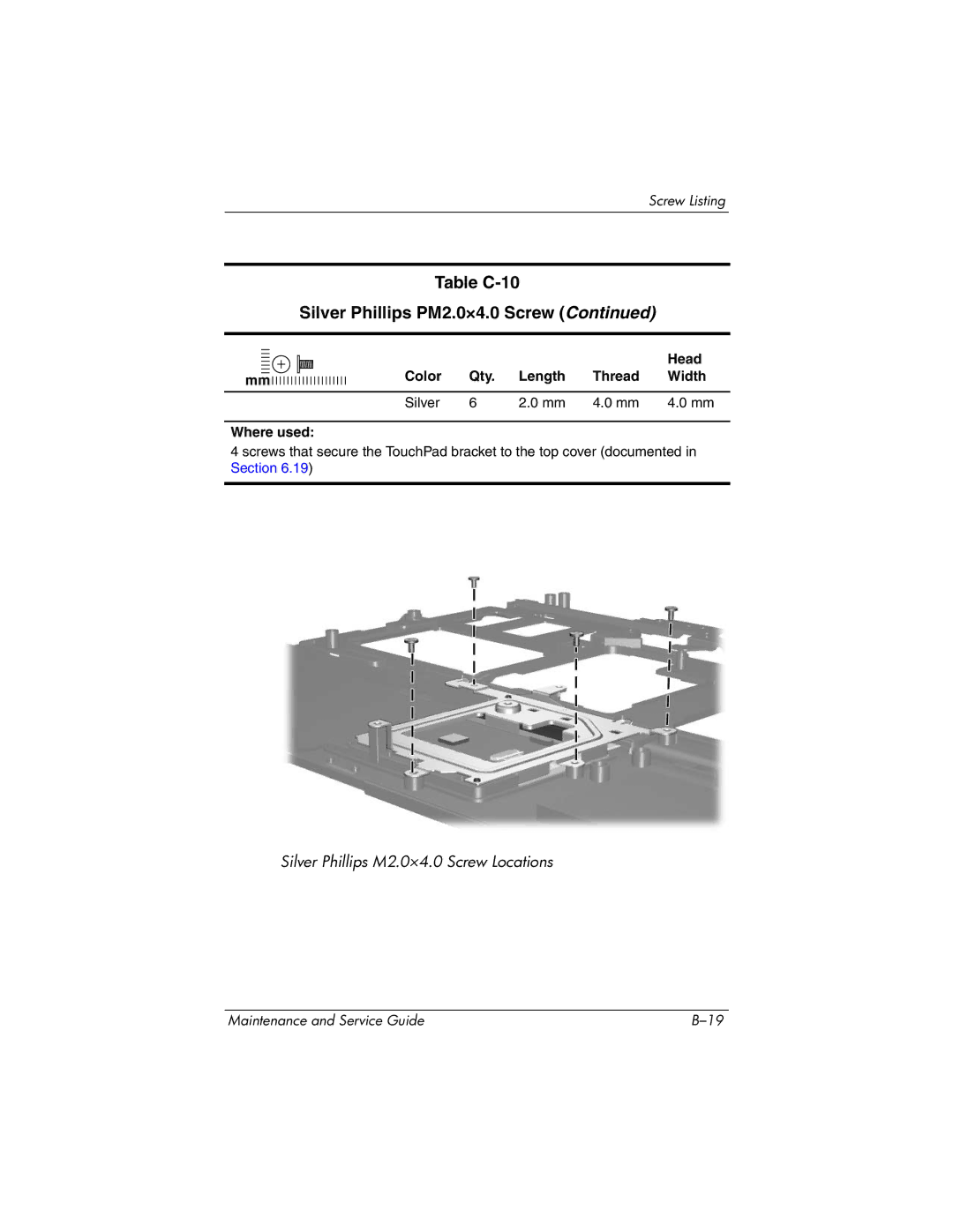 HP tc4200 manual Table C-10 Silver Phillips PM2.0×4.0 Screw 