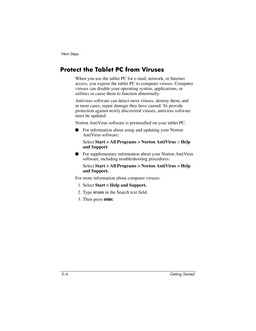 HP tc4200 manual Protect the Tablet PC from Viruses, Select Start All Programs Norton AntiVirus Help and Support 