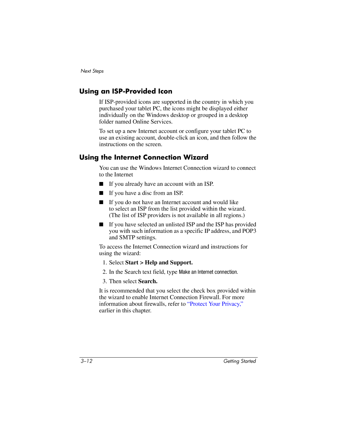 HP tc4200 manual Using an ISP-Provided Icon, Using the Internet Connection Wizard 