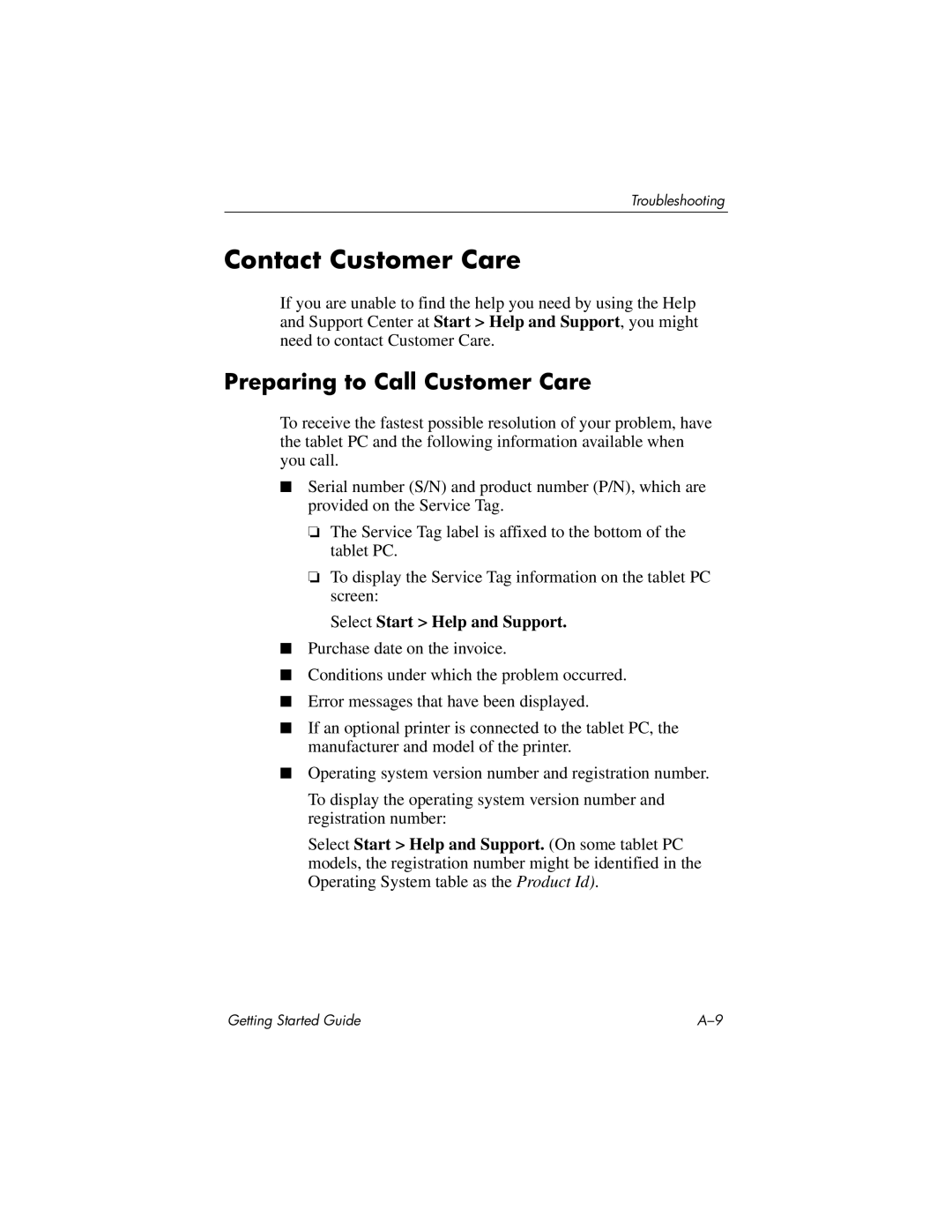 HP tc4200 manual Contact Customer Care, Preparing to Call Customer Care 