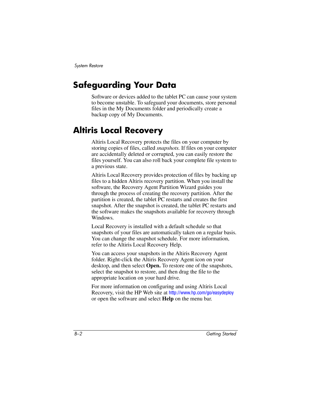 HP tc4200 manual Safeguarding Your Data, Altiris Local Recovery 