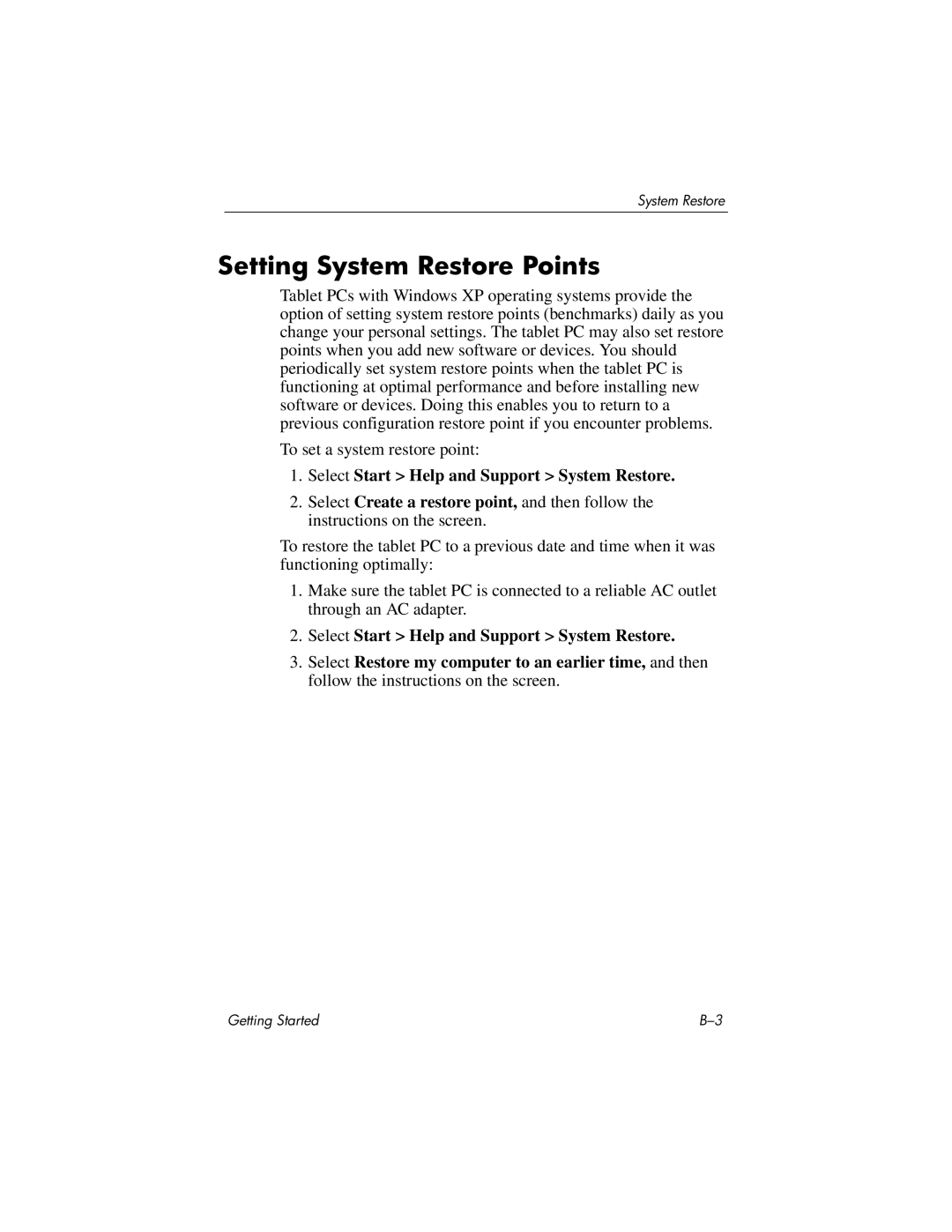 HP tc4200 manual Setting System Restore Points 