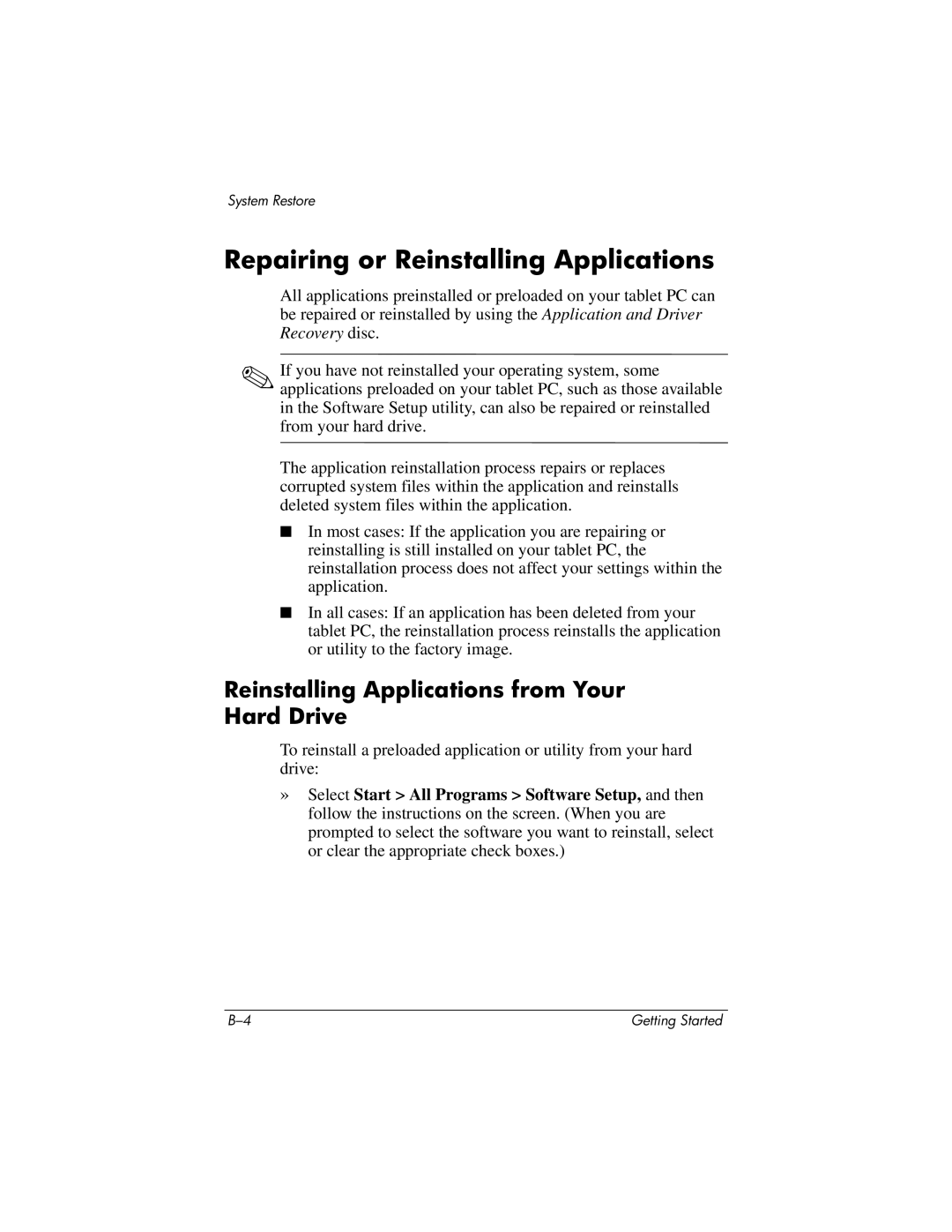 HP tc4200 manual Repairing or Reinstalling Applications, Reinstalling Applications from Your Hard Drive 