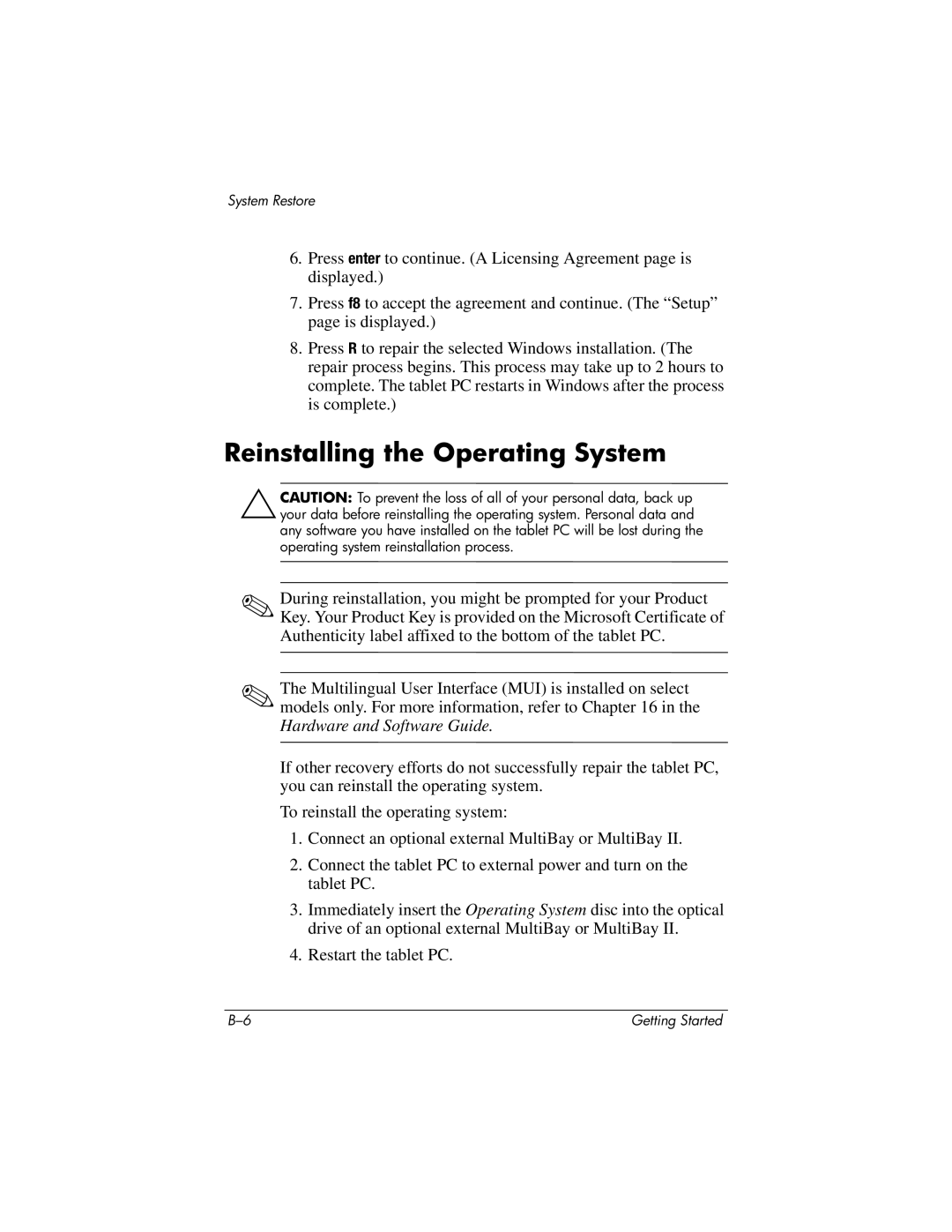 HP tc4200 manual Reinstalling the Operating System 