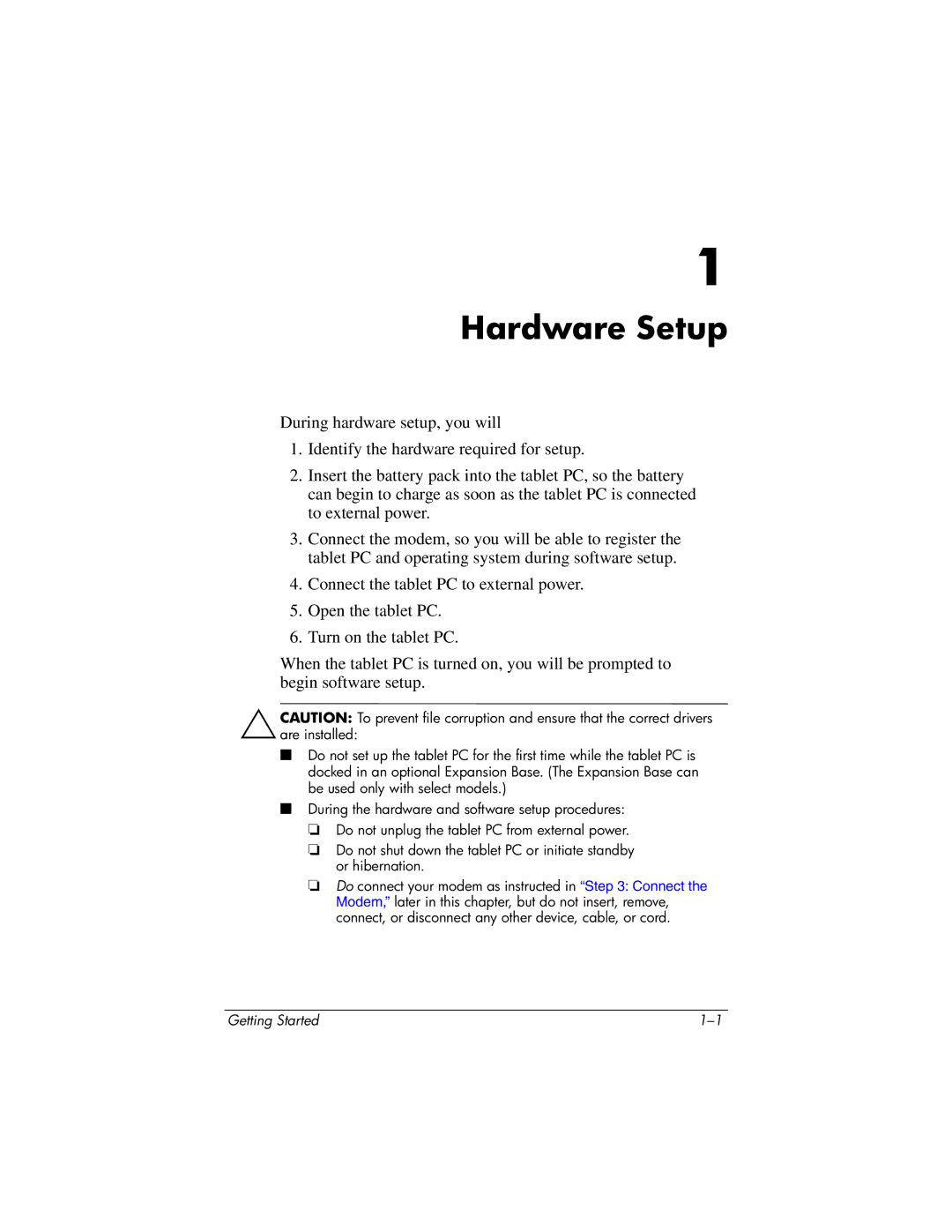 HP tc4200 manual Hardware Setup 