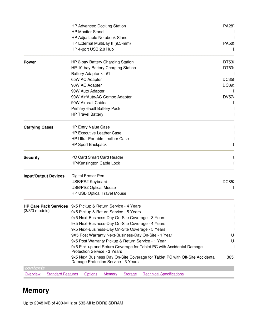 HP tc4200 manual Memory, Carrying Cases, Security, Input/Output Devices, HP Care Pack Services 3/3/0 models 