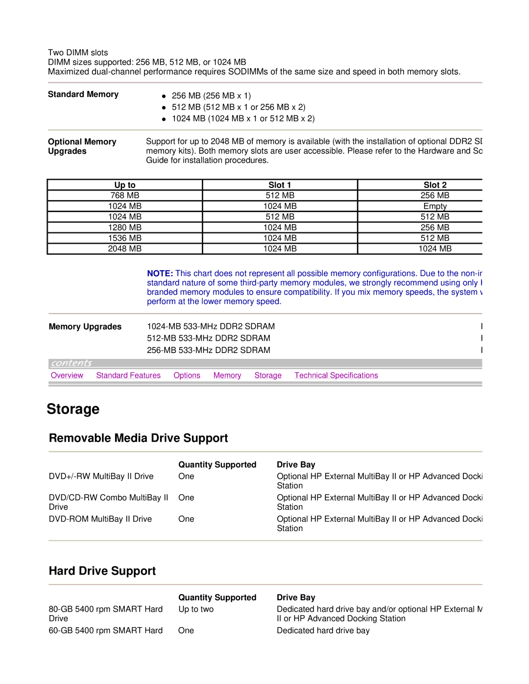 HP tc4200 manual Storage, Removable Media Drive Support, Hard Drive Support 