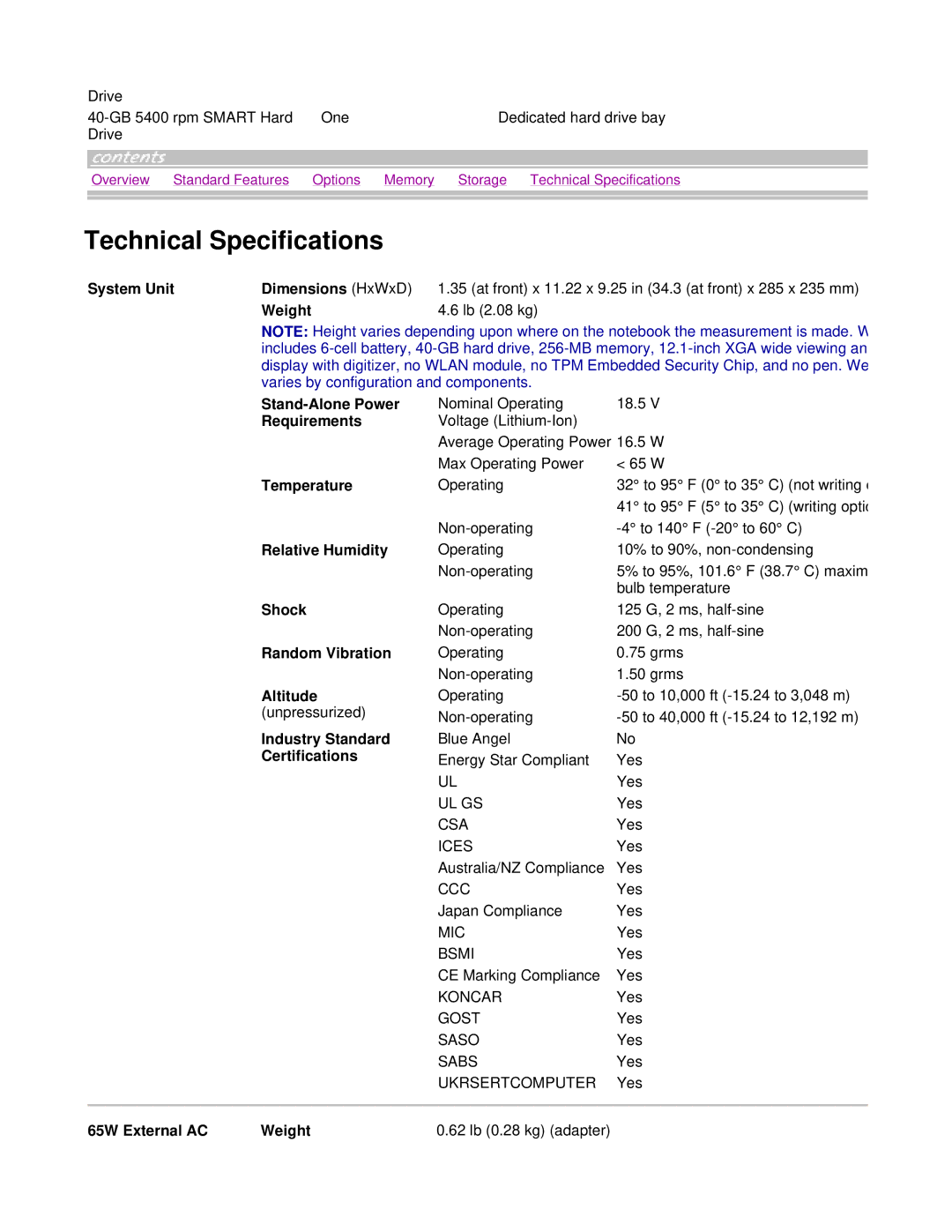 HP tc4200 manual Technical Specifications 