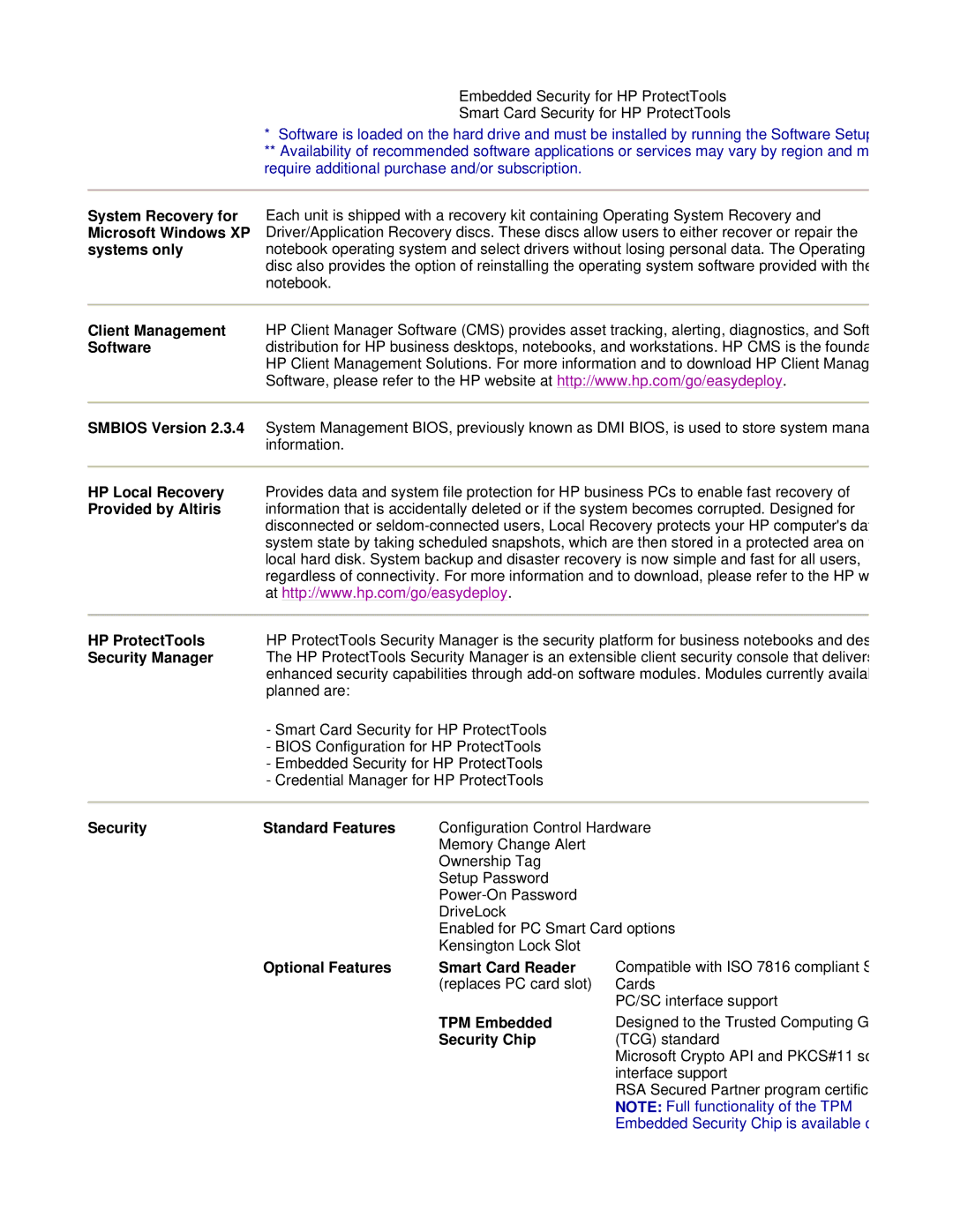 HP tc4200 HP ProtectTools, Security Manager, Security Standard Features, Optional Features Smart Card Reader, TPM Embedded 