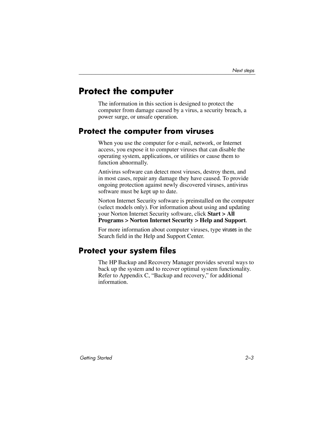 HP tc4400 manual Protect the computer from viruses, Protect your system files 