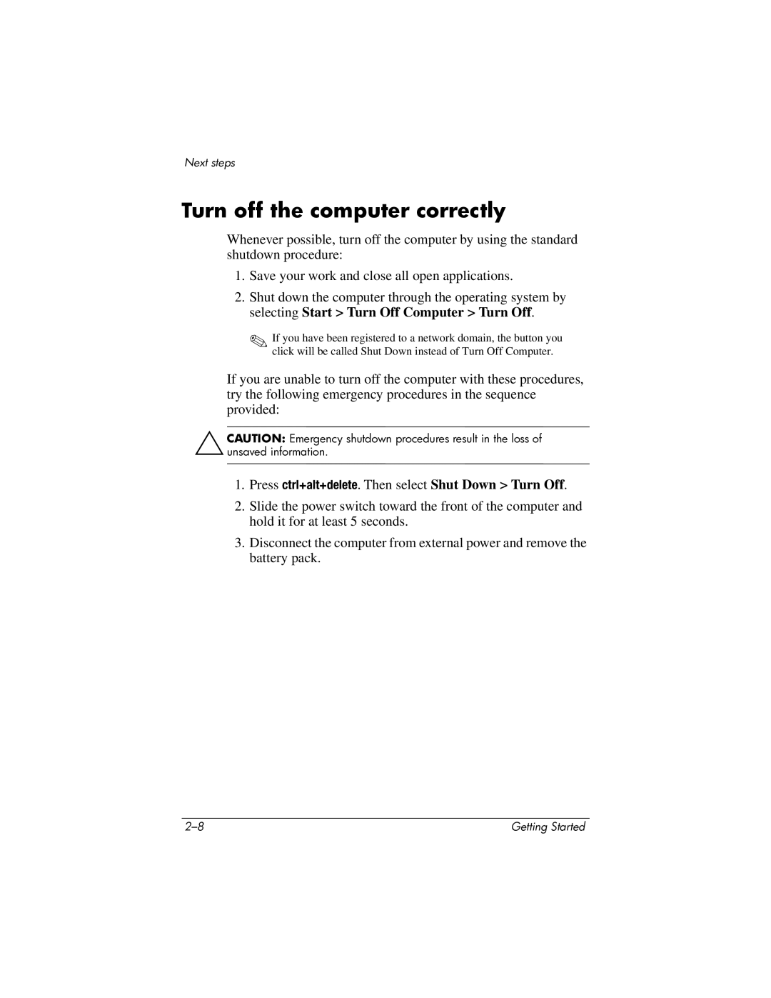 HP tc4400 manual Turn off the computer correctly 