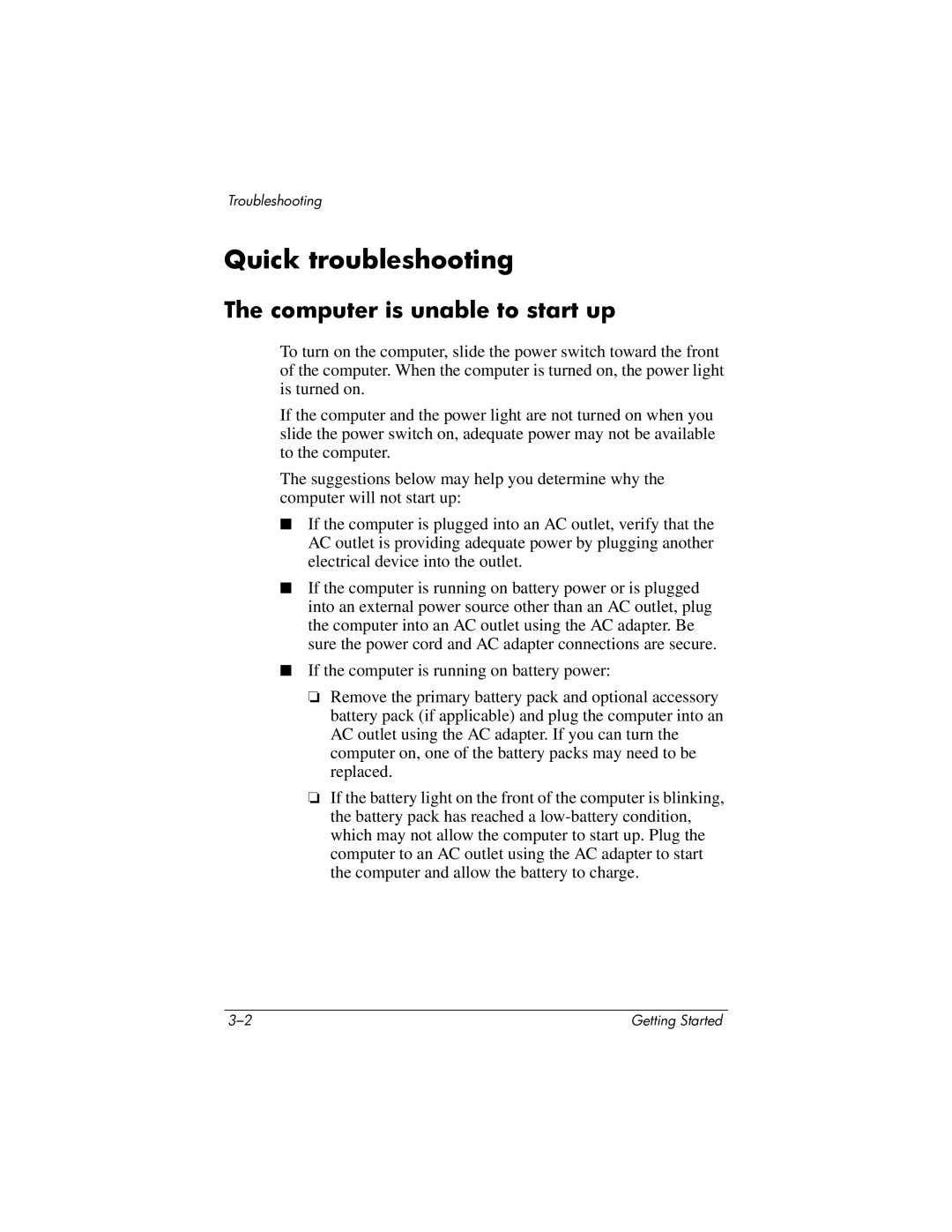 HP tc4400 manual Quick troubleshooting, Computer is unable to start up 