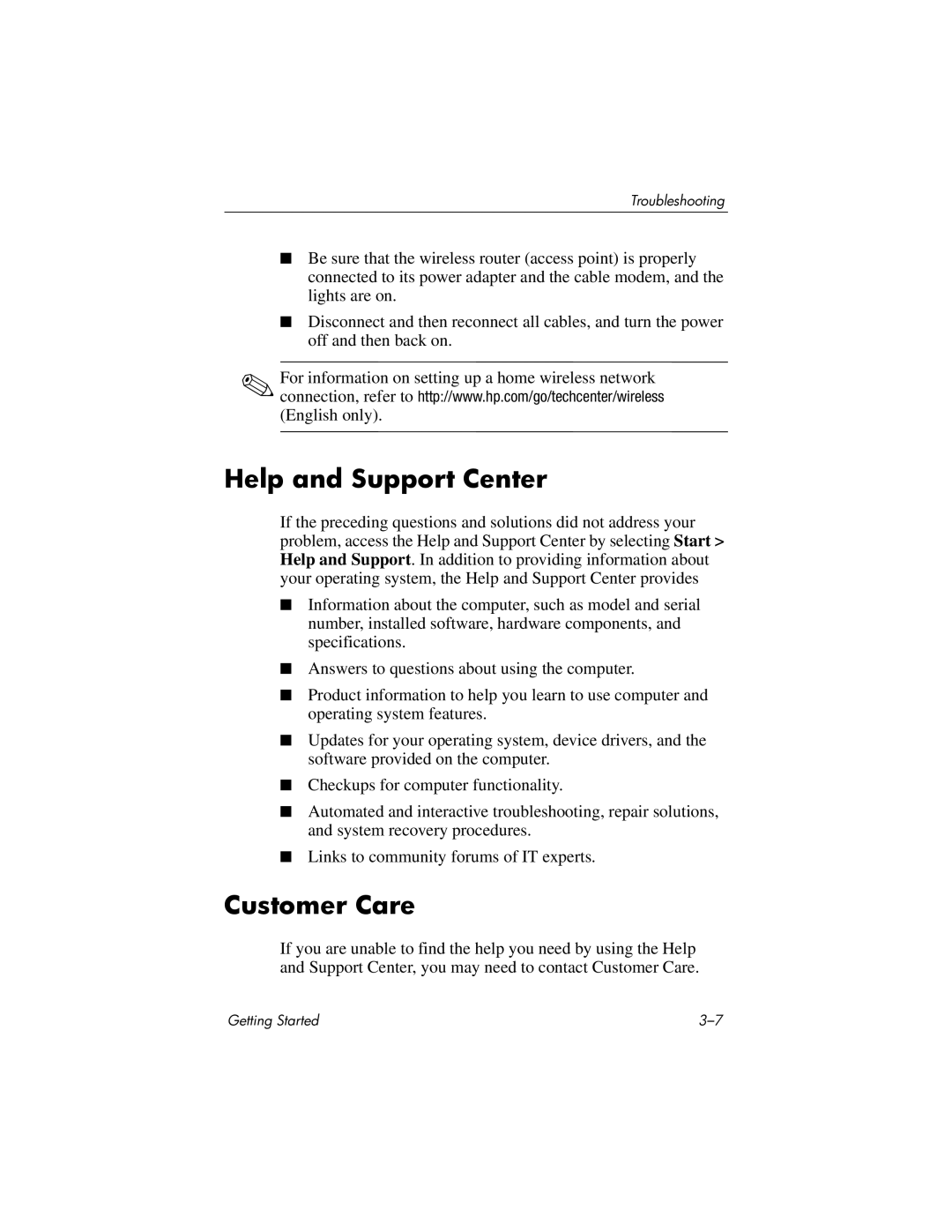 HP tc4400 manual Help and Support Center, Customer Care 