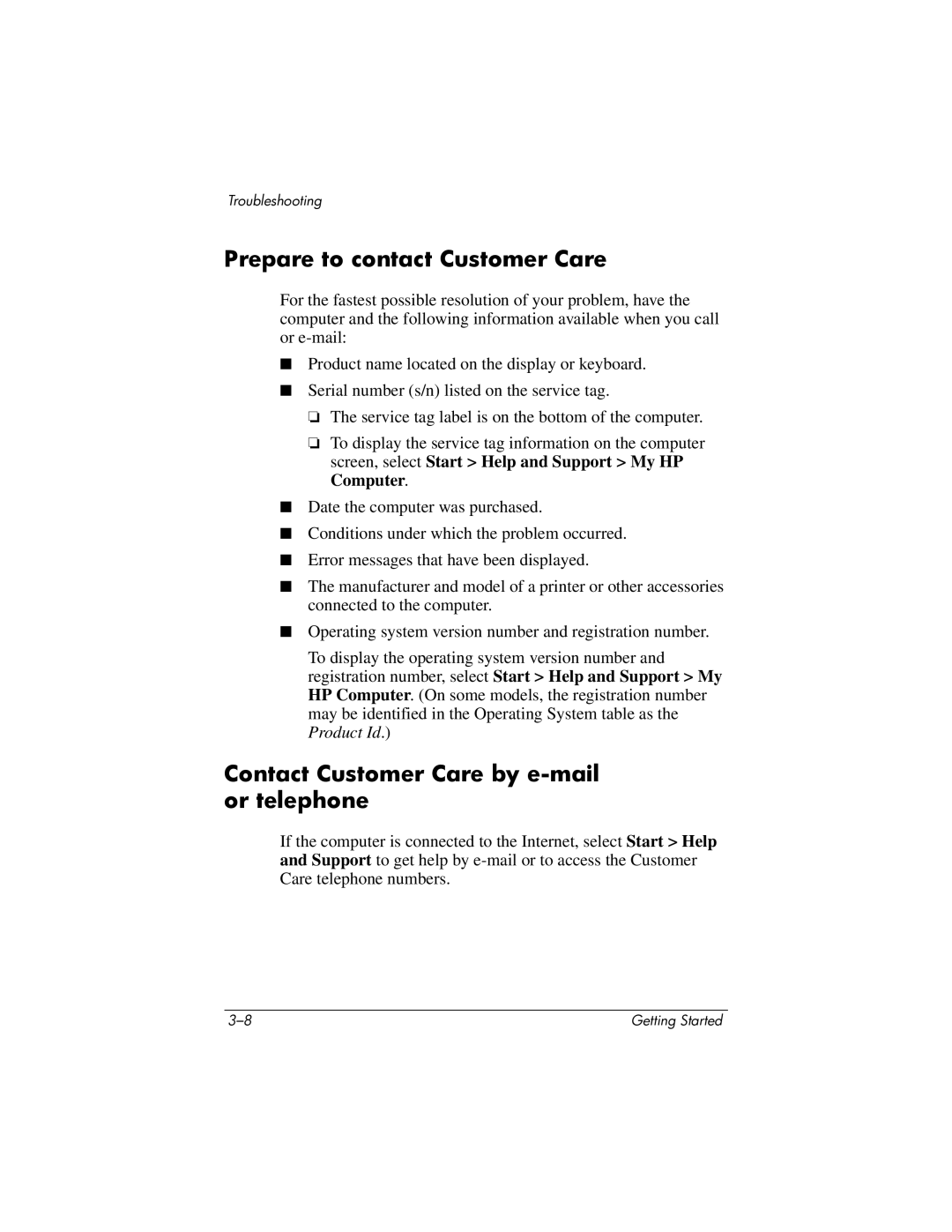 HP tc4400 manual Prepare to contact Customer Care, Contact Customer Care by e-mail or telephone 