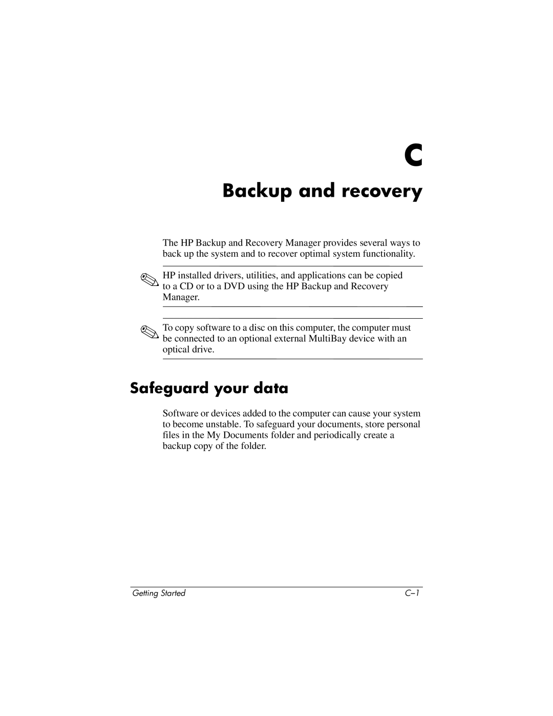 HP tc4400 manual Backup and recovery, Safeguard your data 