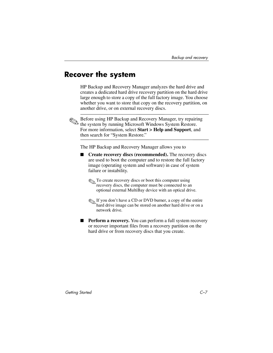 HP tc4400 manual Recover the system 