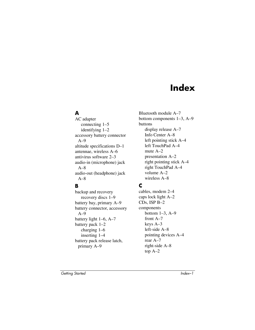 HP tc4400 manual Index 