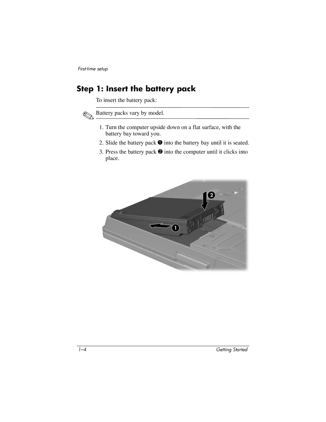 HP tc4400 manual Insert the battery pack 