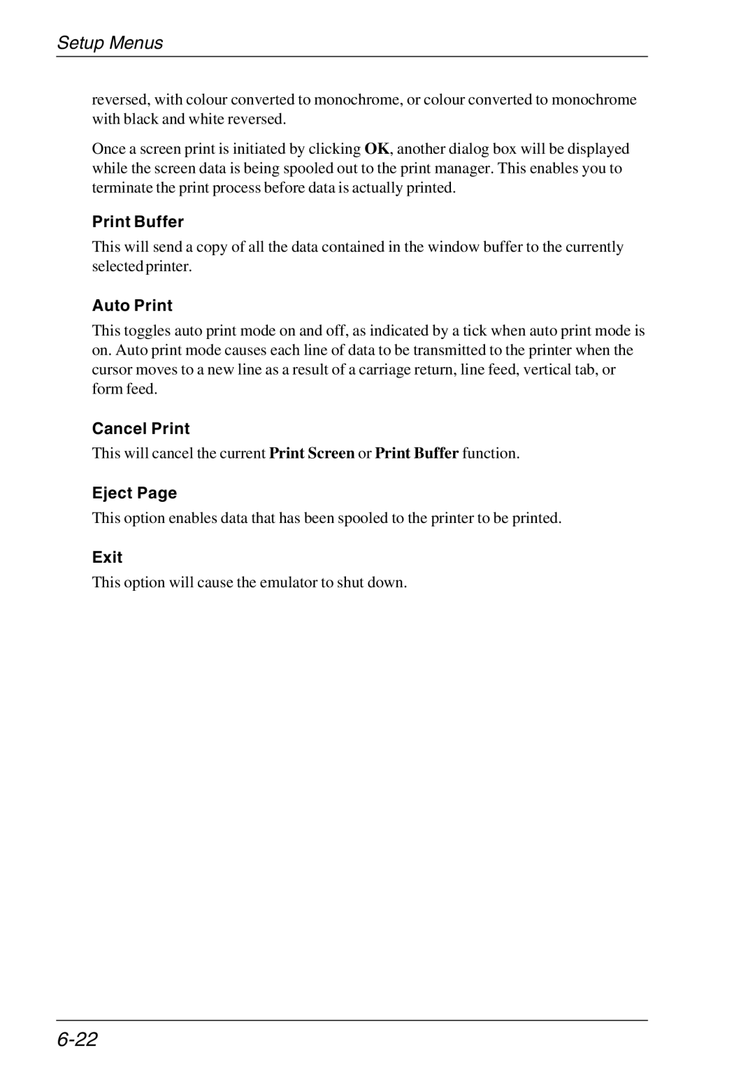 HP TeemTalk Terminal Emulator, Teemtalk Licenses manual Print Buffer, Auto Print, Cancel Print, Eject, Exit 