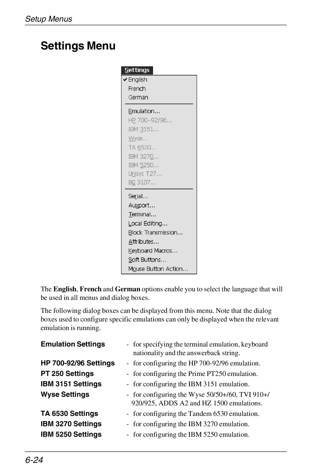 HP Teemtalk Licenses, Teemtalk LTU and Media, TeemTalk Terminal Emulator manual Settings Menu 