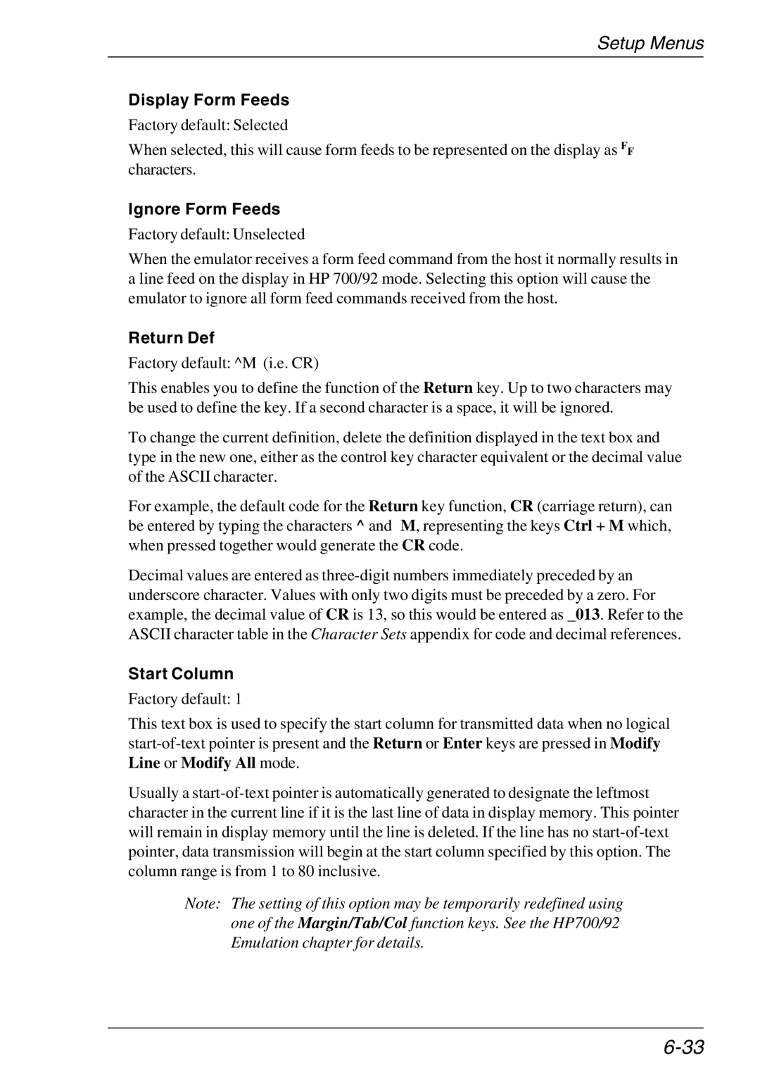 HP Teemtalk LTU and Media, Teemtalk Licenses manual Display Form Feeds, Ignore Form Feeds, Return Def, Start Column 