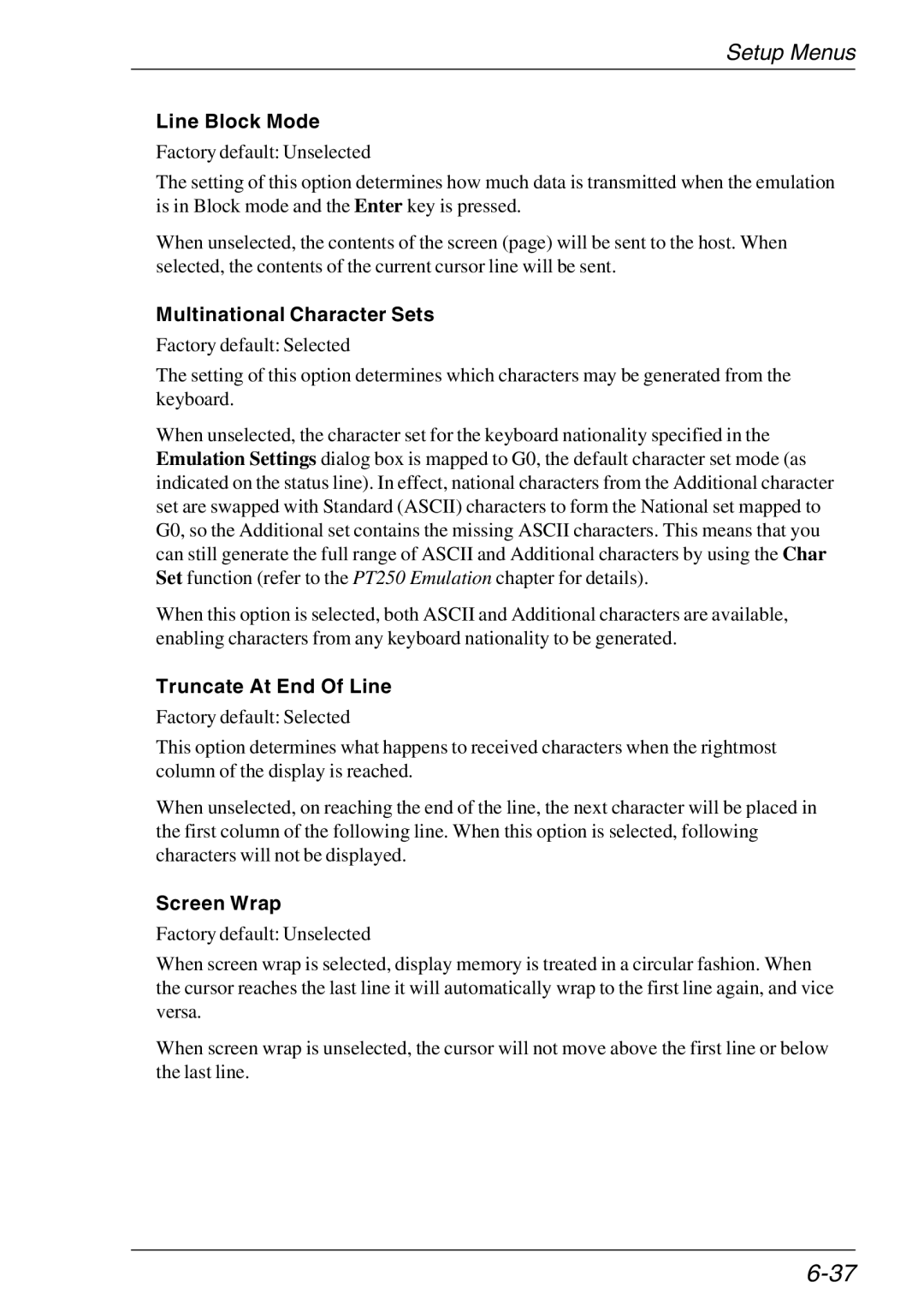 HP Teemtalk LTU and Media manual Line Block Mode, Multinational Character Sets, Truncate At End Of Line, Screen Wrap 