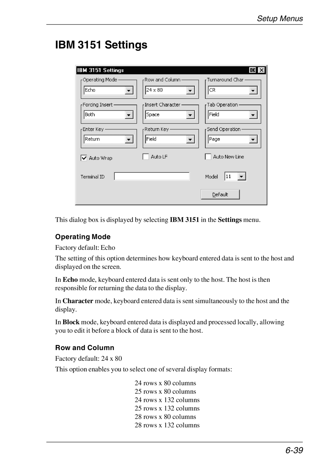 HP TeemTalk Terminal Emulator 11 E-License, Teemtalk Licenses manual IBM 3151 Settings, Operating Mode, Row and Column 