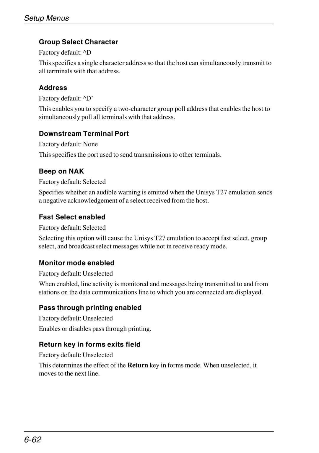 HP TeemTalk Terminal Emulator Group Select Character, Address, Downstream Terminal Port, Beep on NAK, Fast Select enabled 