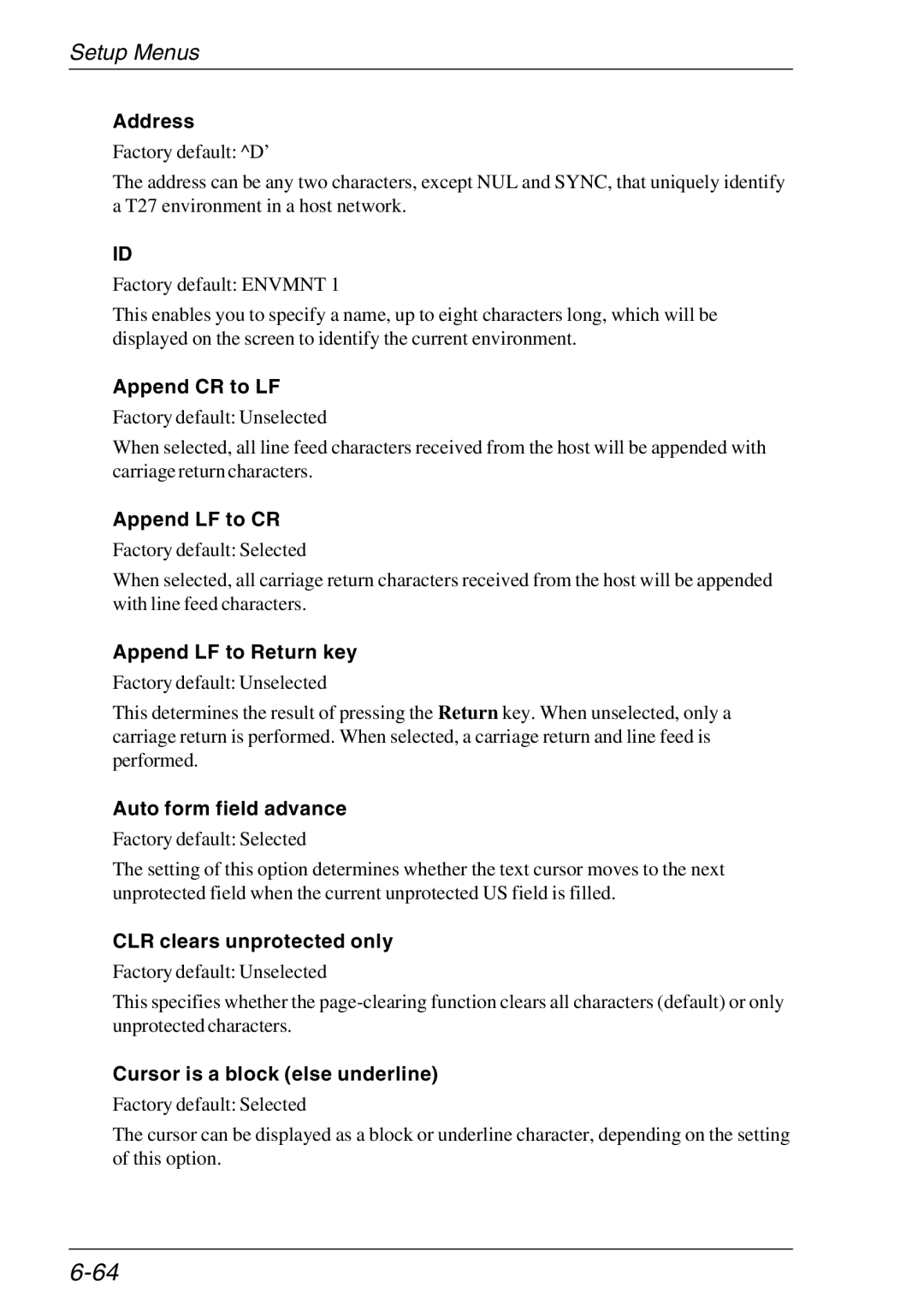 HP Teemtalk Licenses manual Append CR to LF, Append LF to CR, Append LF to Return key, Auto form field advance 