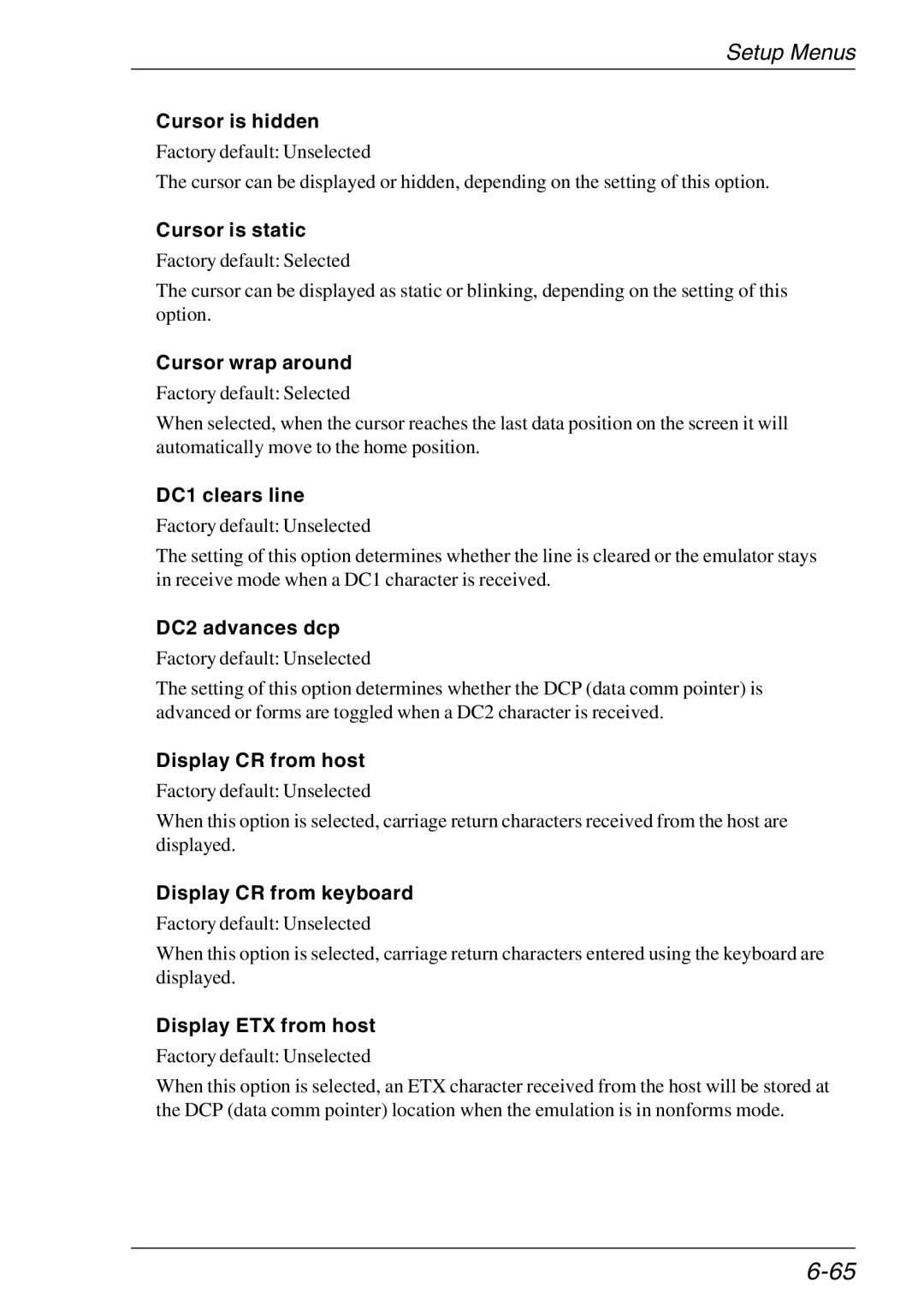 HP Teemtalk LTU and Media manual Cursor is hidden, Cursor is static, Cursor wrap around, DC1 clears line, DC2 advances dcp 