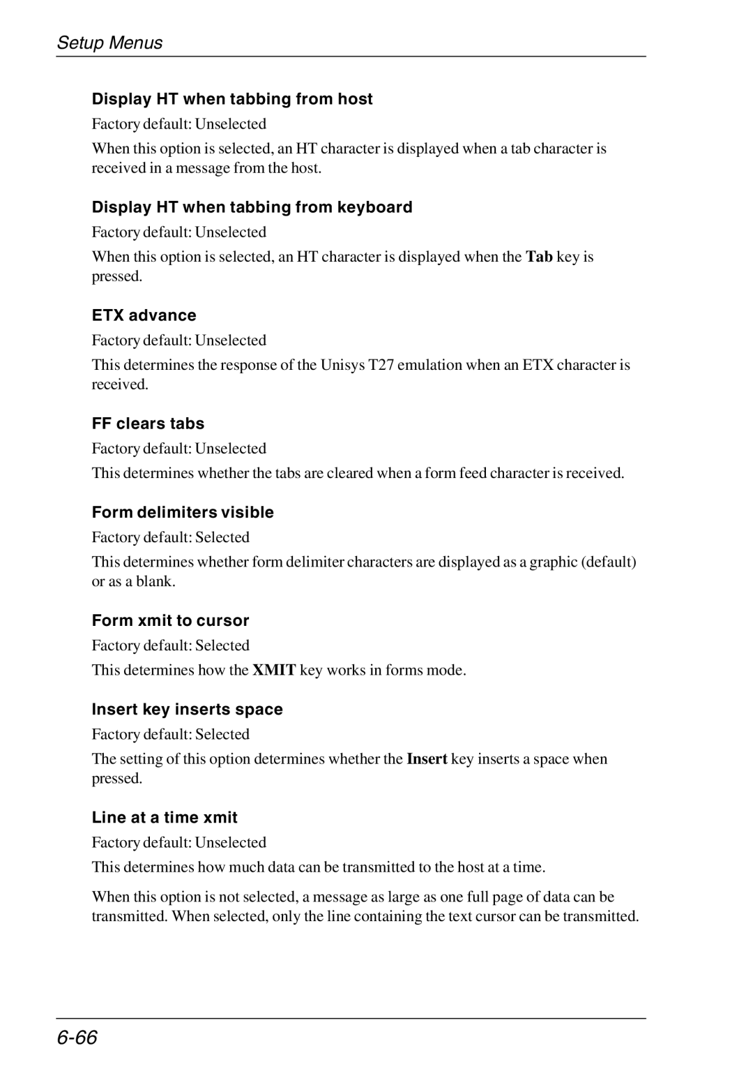 HP TeemTalk Terminal Emulator manual Display HT when tabbing from host, Display HT when tabbing from keyboard, ETX advance 