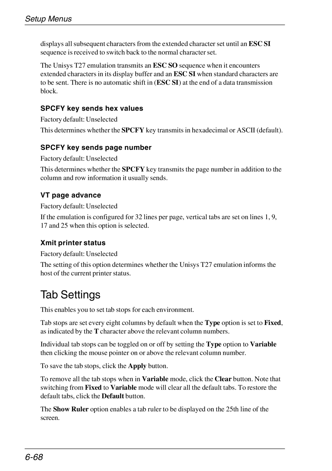 HP Teemtalk Licenses manual Spcfy key sends hex values, Spcfy key sends page number, VT page advance, Xmit printer status 