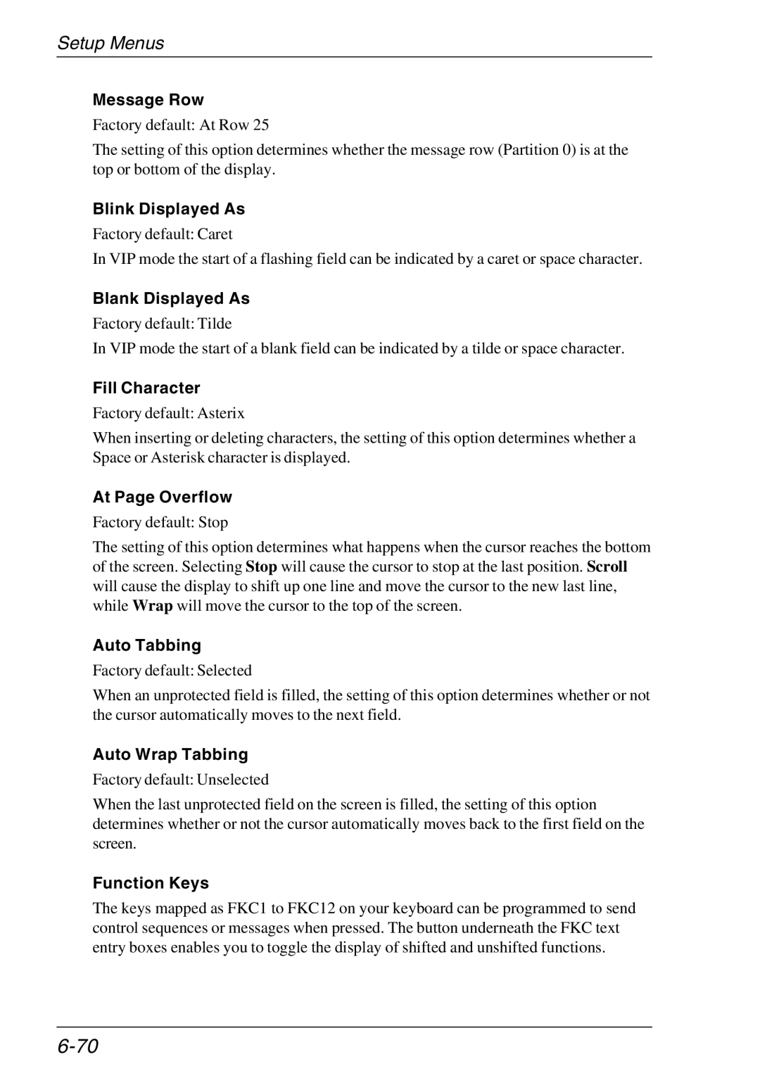HP TeemTalk Terminal Emulator manual Message Row, Blink Displayed As, Blank Displayed As, Fill Character, At Page Overflow 
