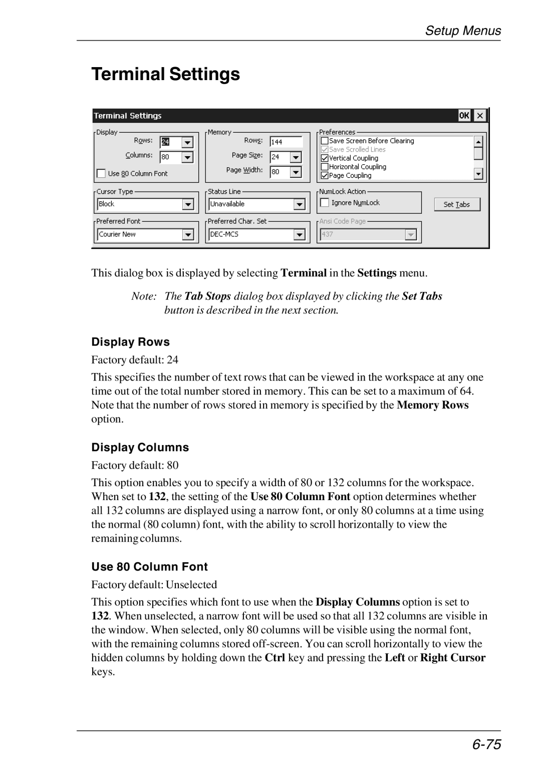 HP TeemTalk Terminal Emulator 11 E-License manual Terminal Settings, Display Rows, Display Columns, Use 80 Column Font 