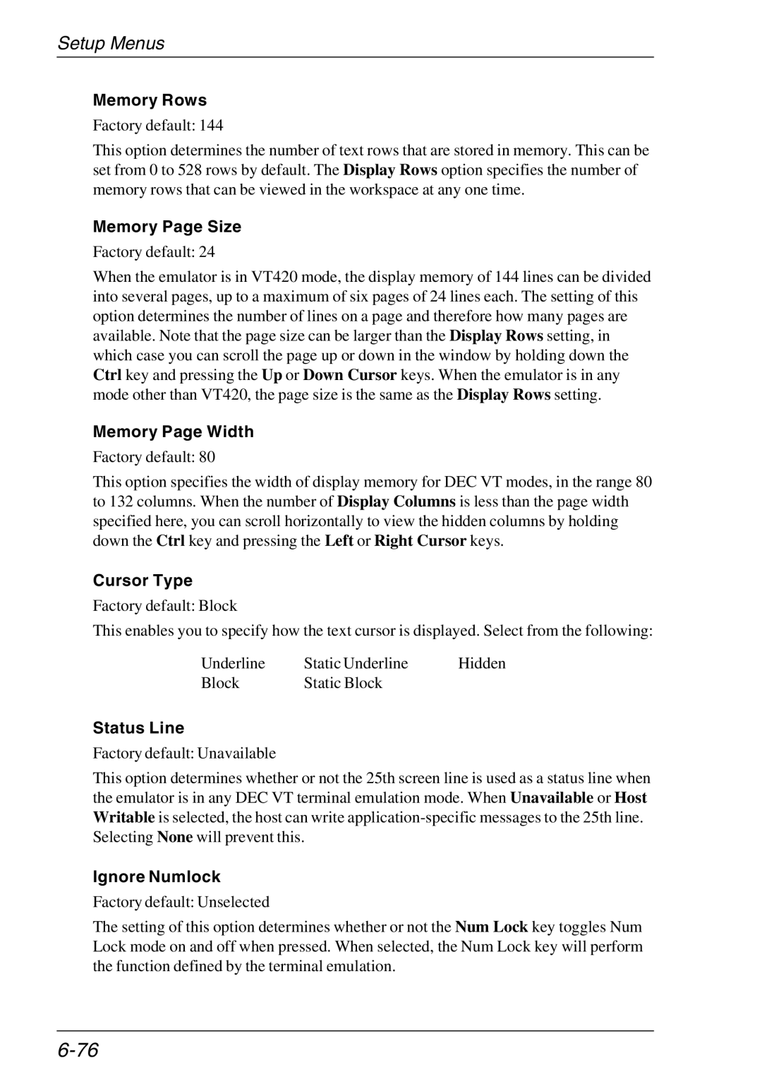 HP Teemtalk Licenses, Teemtalk LTU and Media Memory Rows, Memory Page Size, Memory Page Width, Cursor Type, Ignore Numlock 