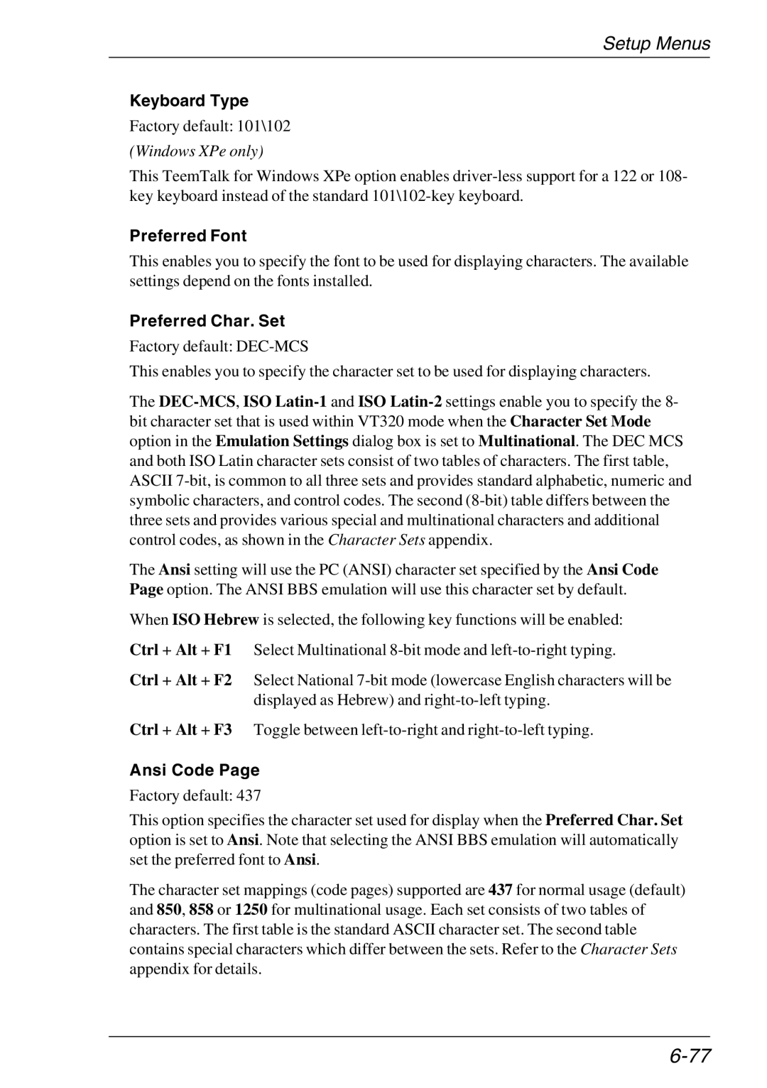HP Teemtalk LTU and Media, Teemtalk Licenses, TeemTalk Terminal Emulator Preferred Font, Preferred Char. Set, Ansi Code 