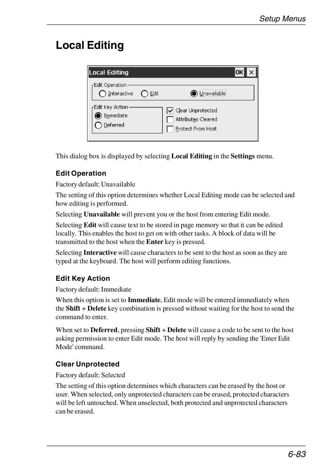 HP TeemTalk Terminal Emulator 11 E-License manual Local Editing, Edit Operation, Edit Key Action, Clear Unprotected 