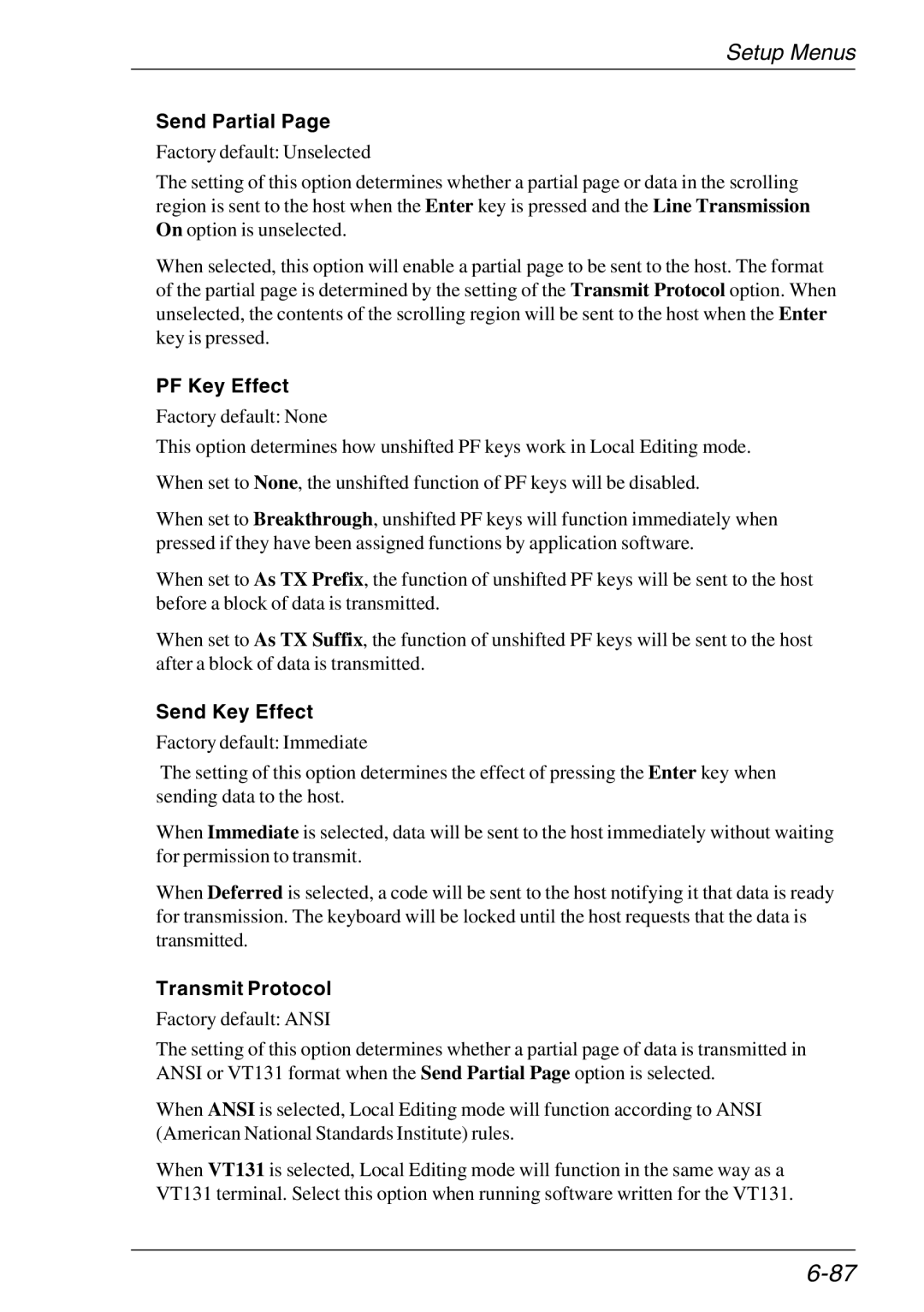 HP TeemTalk Terminal Emulator 11 E-License manual Send Partial, PF Key Effect, Send Key Effect, Transmit Protocol 