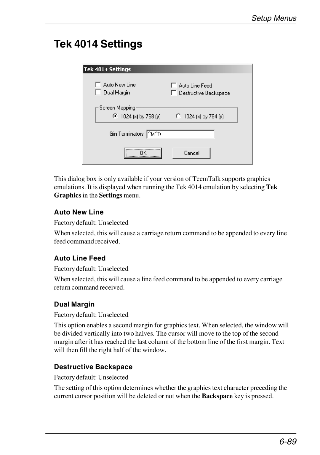 HP Teemtalk LTU and Media, Teemtalk Licenses, TeemTalk Terminal Emulator manual Tek 4014 Settings, Dual Margin 