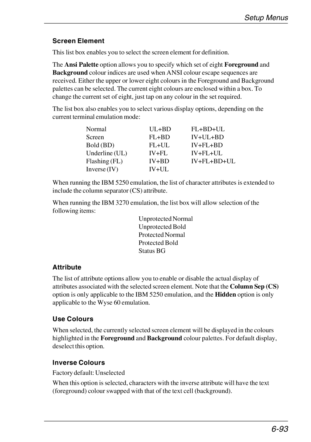 HP Teemtalk LTU and Media, Teemtalk Licenses manual Screen Element, Attribute, Use Colours, Inverse Colours, Iv+Fl+Bd+Ul 