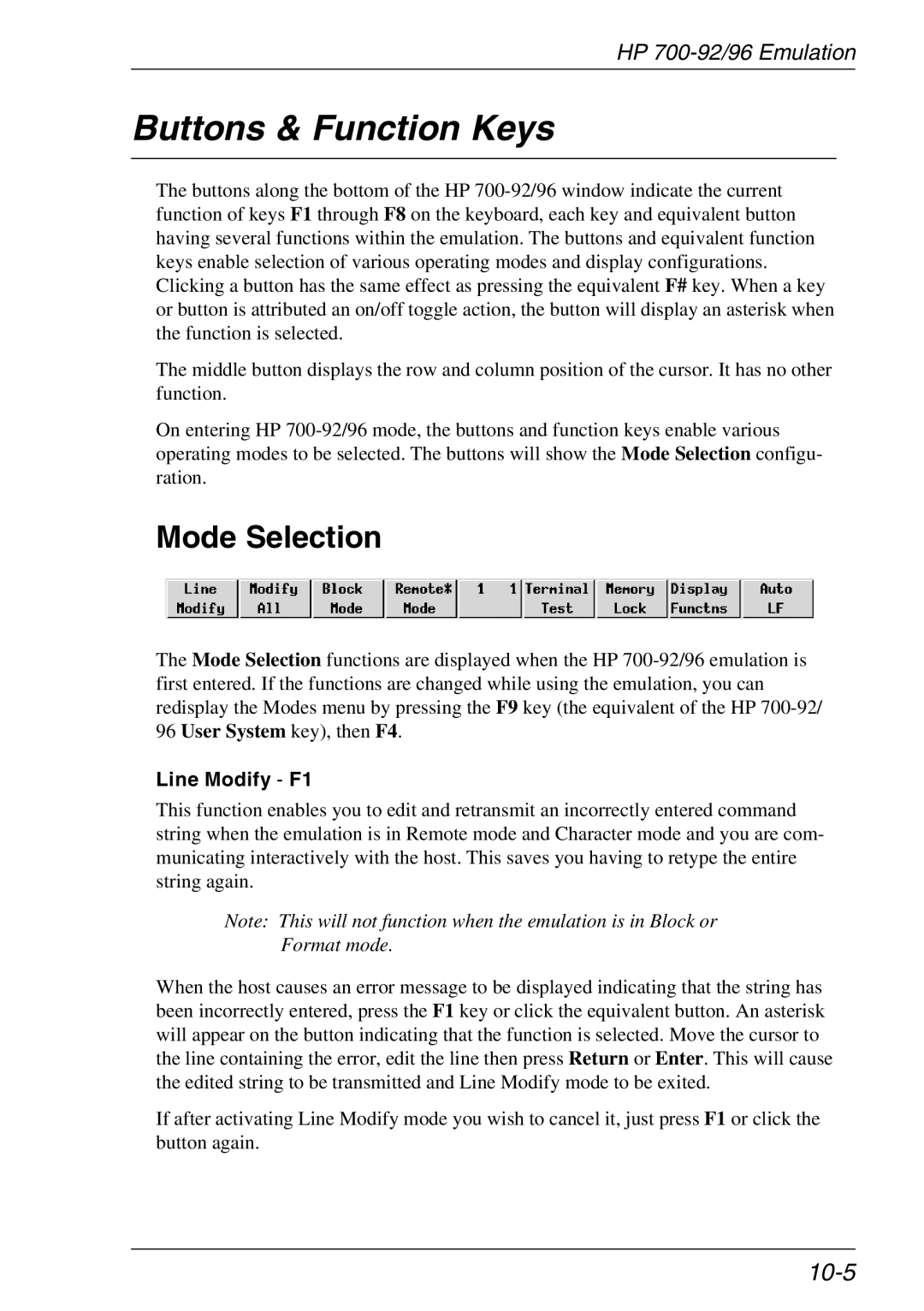 HP Teemtalk LTU and Media, Teemtalk Licenses manual Buttons & Function Keys, Mode Selection, 10-5, Line Modify F1 