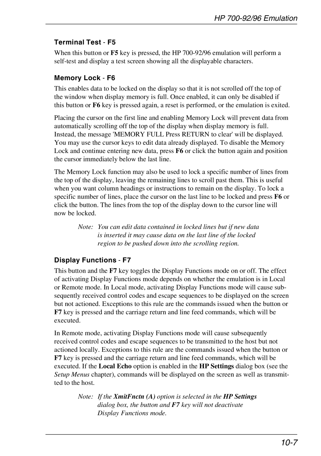 HP TeemTalk Terminal Emulator 11 E-License, Teemtalk Licenses 10-7, Terminal Test F5, Memory Lock F6, Display Functions F7 